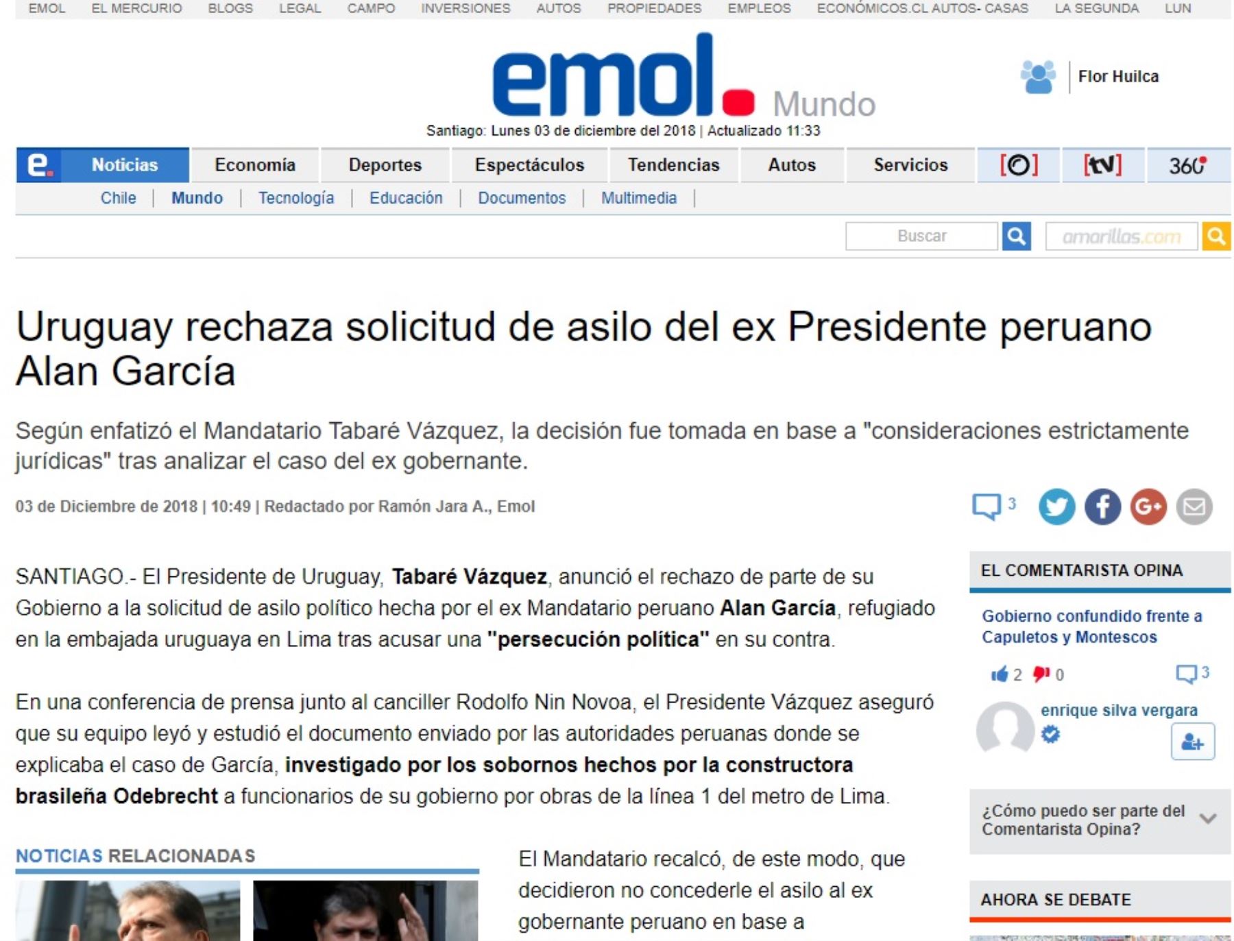 Así informa la prensa decisión de Uruguay de rechazar Asilo de Alan García.