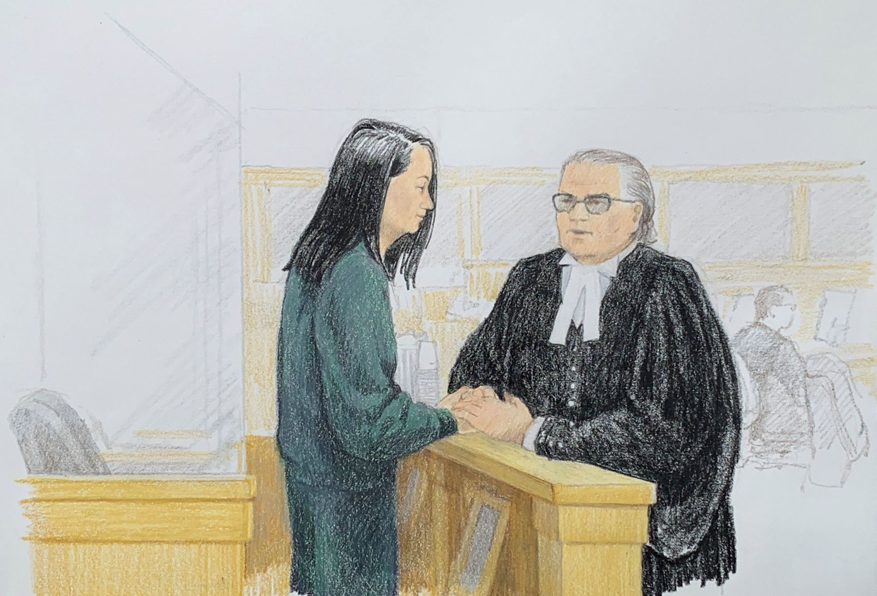 Boceto de la corte que muestra a Meng Wanzhou, directora financiera de Huawei, hablando con el abogado David Martin en el tribunal de Vancouver Foto: AFP