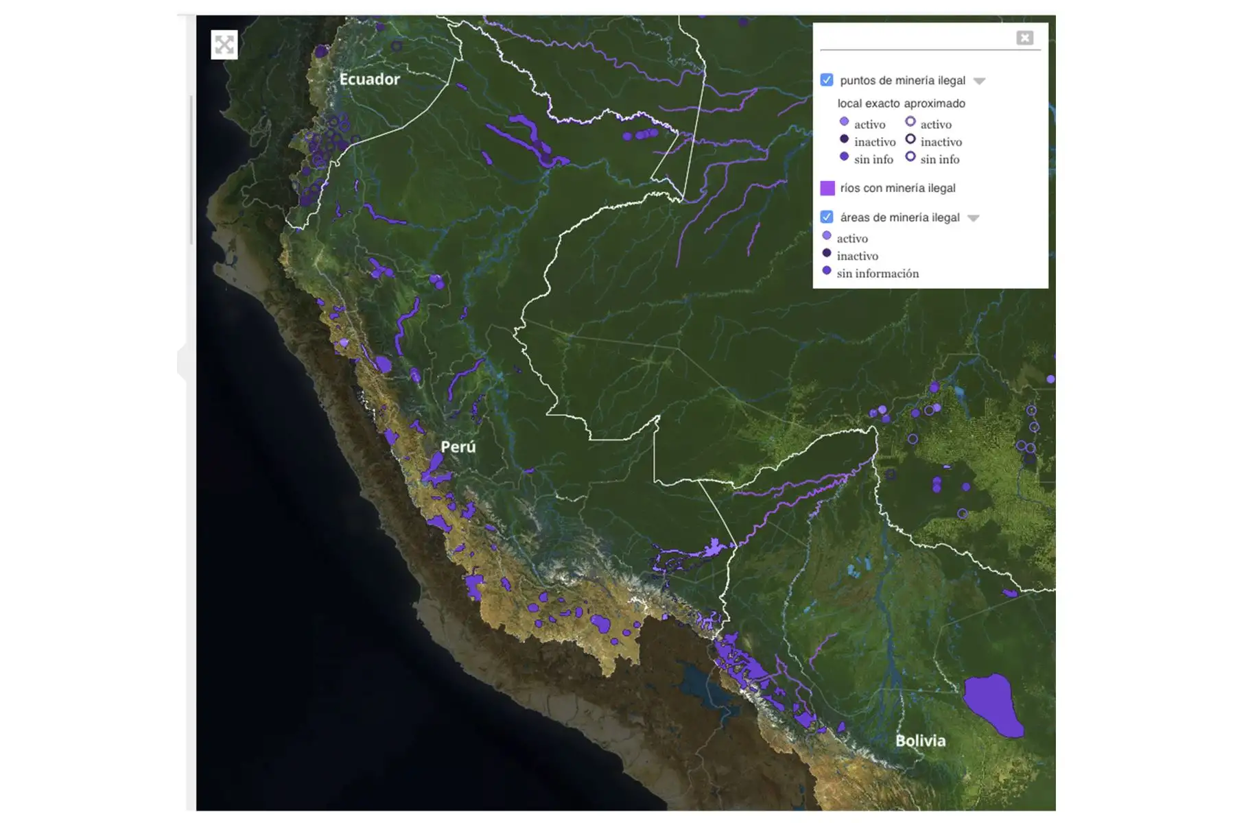 Estudio identificó 2,312 puntos y 245 áreas de extracción no autorizada de minerales como oro, diamantes y coltán en seis países con ecosistemas amazónicos, entre ellos el Perú. FOTO: La Amazonía saqueada