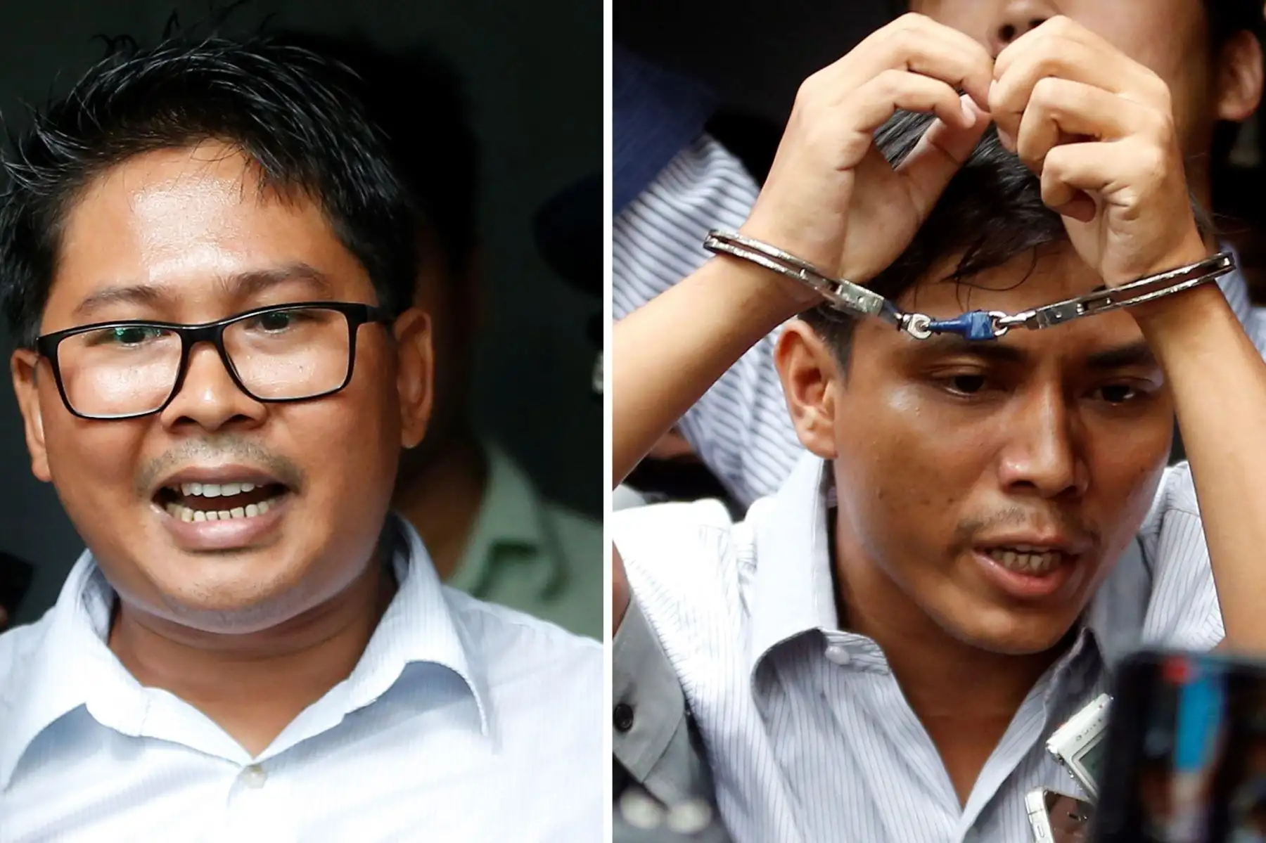 Los periodistas birmanos Wa Lone (i) y Kyaw Soe Oo (d), ambos de Reuters, a las puertas de un tribunal en Rangún, Birmania Foto: EFE