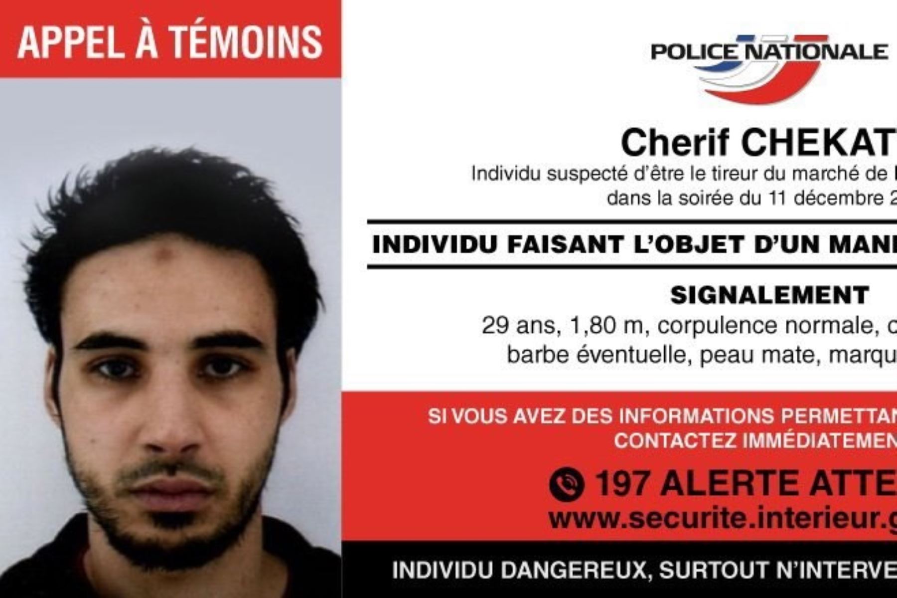Fotografía cedida por la Policía Nacional Francesa que muestra a Cherif Chekatt Foto: EFE
