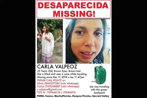 Policía busca a la turista estadounidense Carla Valpeoz (35), reportada desaparecida en la región Cusco. ANDINA/Difusión