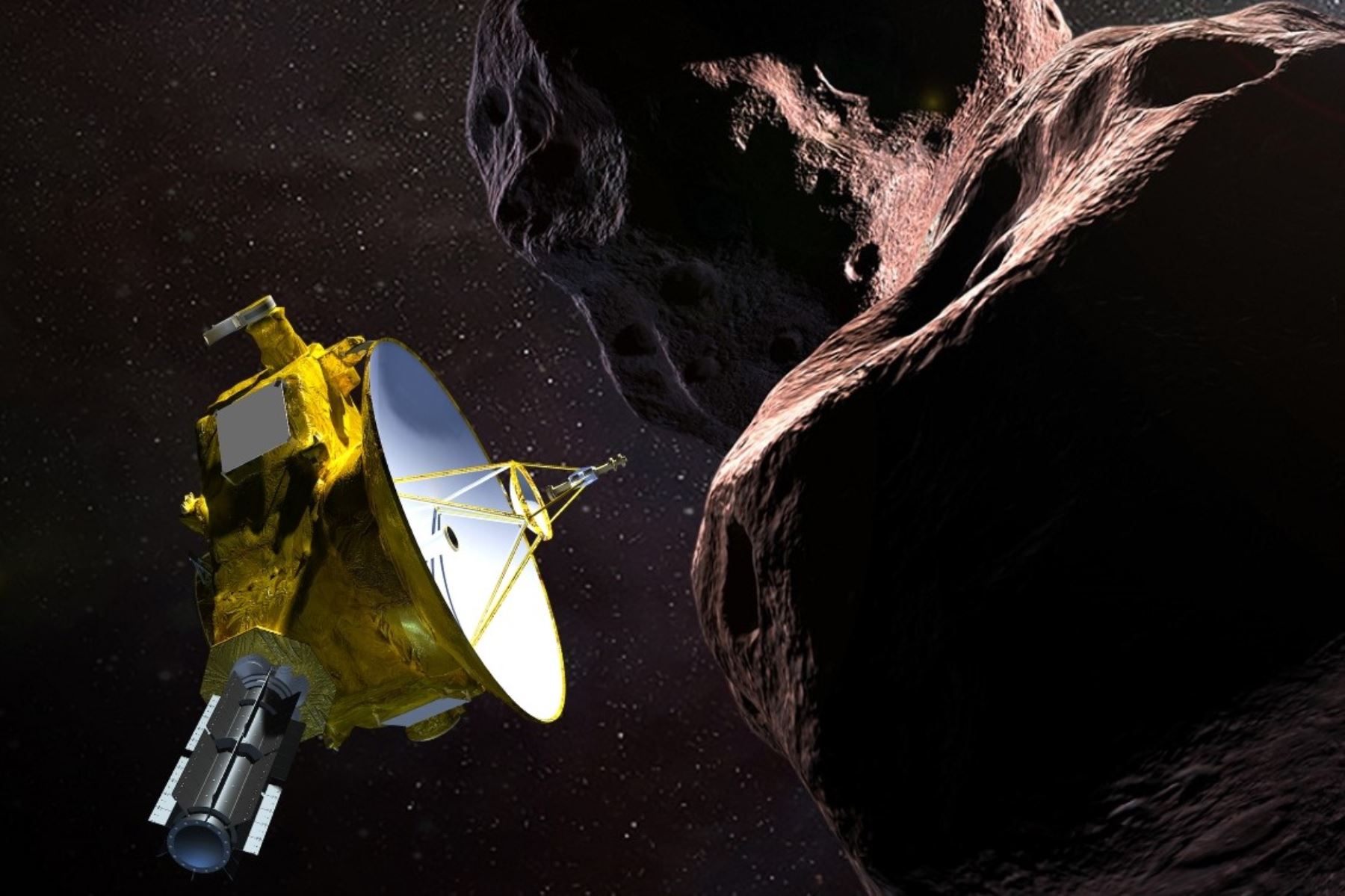 Esta ilustración de artista de la NASA muestra la nave espacial New Horizons que se encuentra con el MU69 2014, apodado "Ultima Thule" Foto: AFP