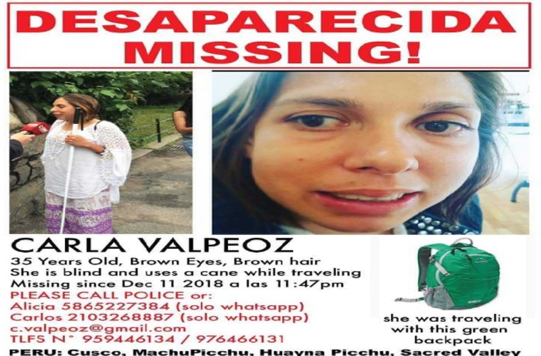 La turista norteamericana invidente Carla Valpeoz (35) fue reportada desaparecida el 15 de diciembre pasado en Cusco. Foto: ANDINA/Difusión
