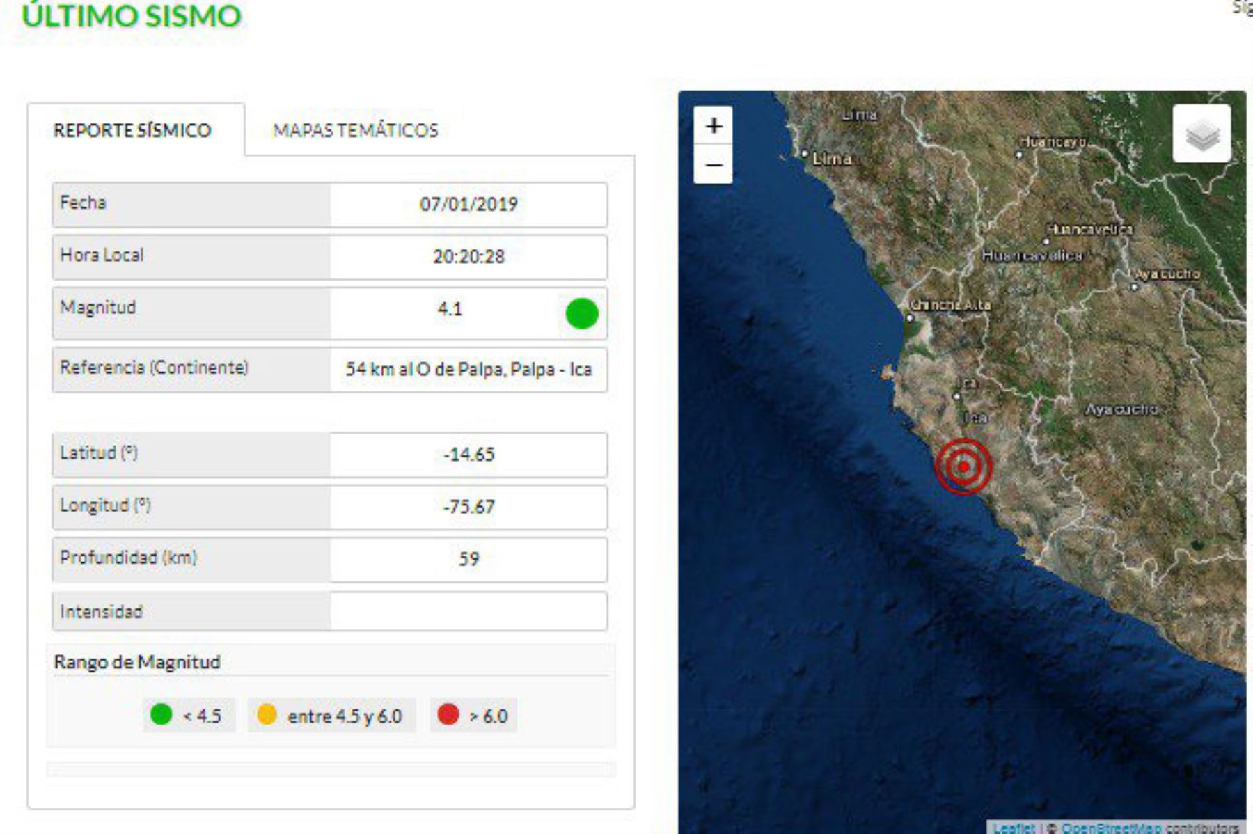 En la provincia de Palpa, región Ica, se registró esta noche un sismo de magnitud 4.1.