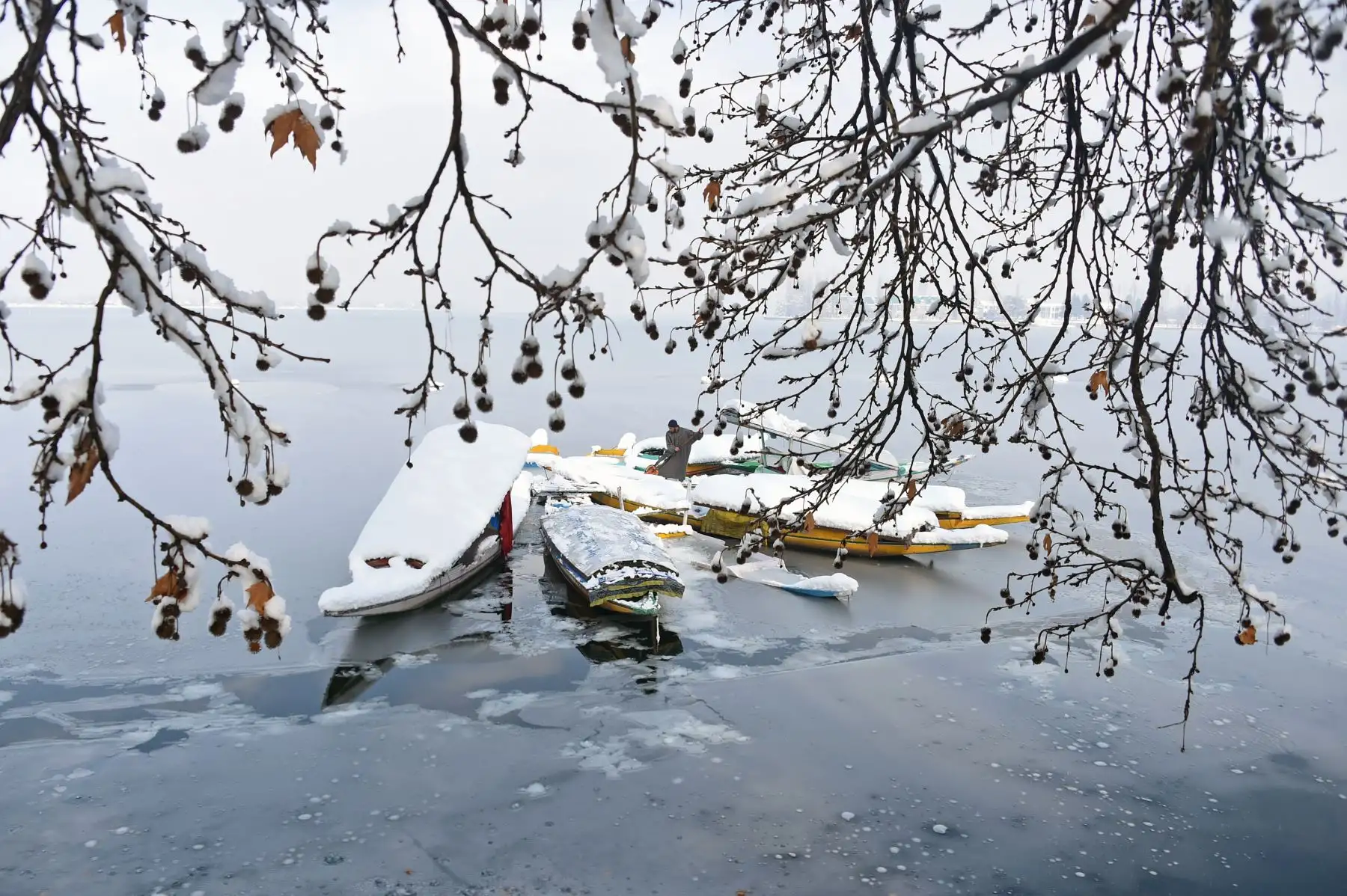Después de una nevada en Srinagar, un botero de Cachemira quita la nieve de los botes de shikara cerca de una porción congelada del Lago Dal. - Los enlaces de la carretera de Cachemira con el resto de la India se cortaron cuando la fuerte nevada cerró la carretera nacional Jammu-Srinagar. AFP