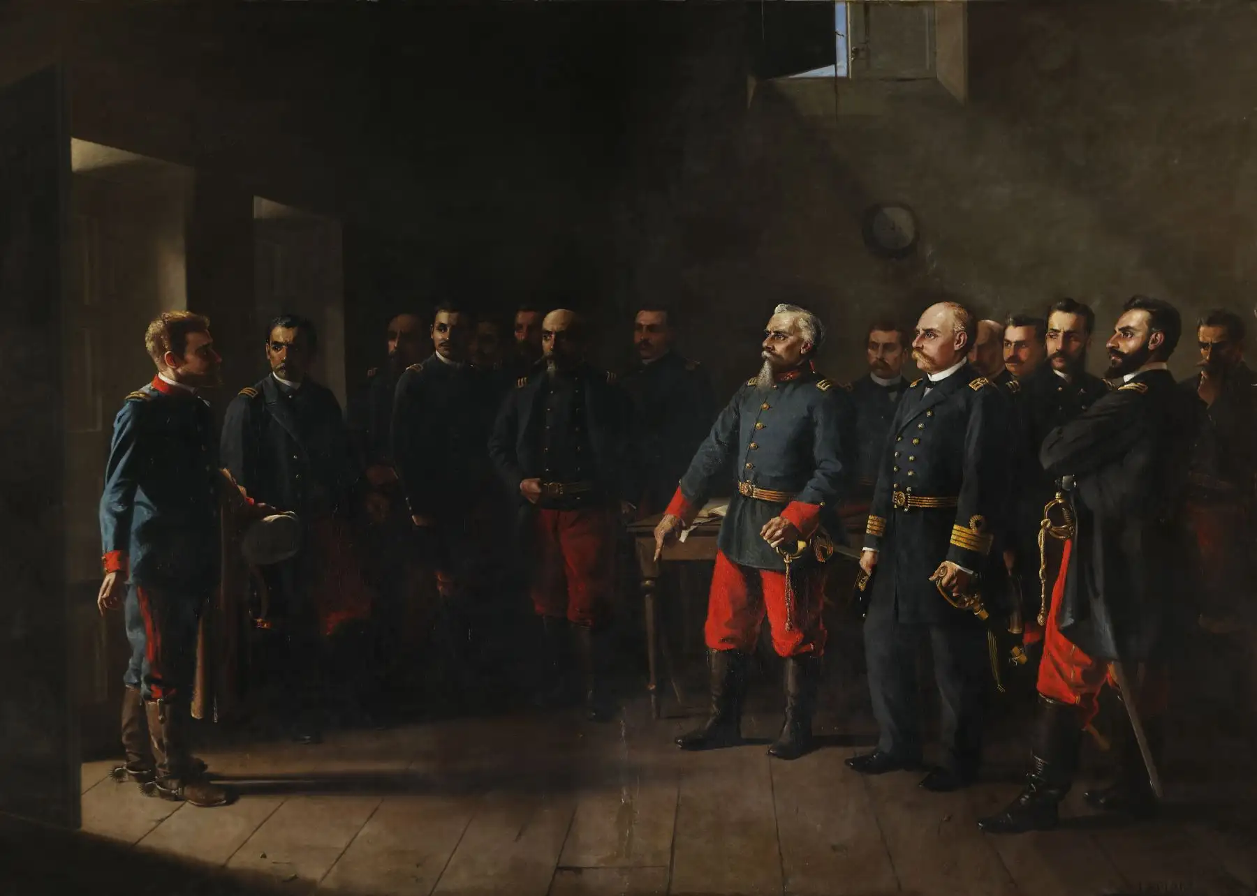 Francisco Bolognesi y su plana de oficiales representados en "La respuesta" del pintor, Juan Lepiani. Foto: Cortesía