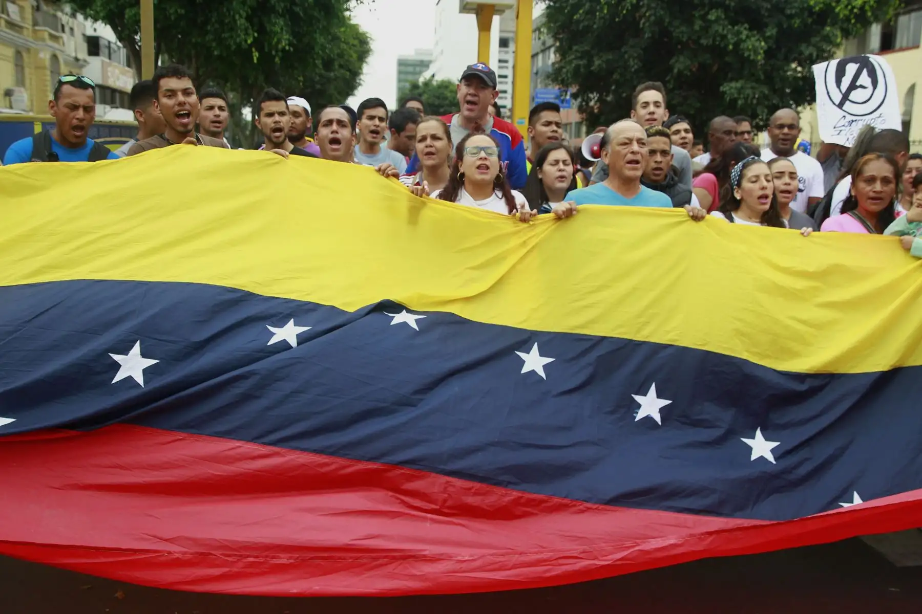 Ciudadanos venezolanos protestan contra el gobierno de Nicolás Maduro frente a la embajada de Venezuela en Lima.Foto: ANDINA/Eddy Ramos
