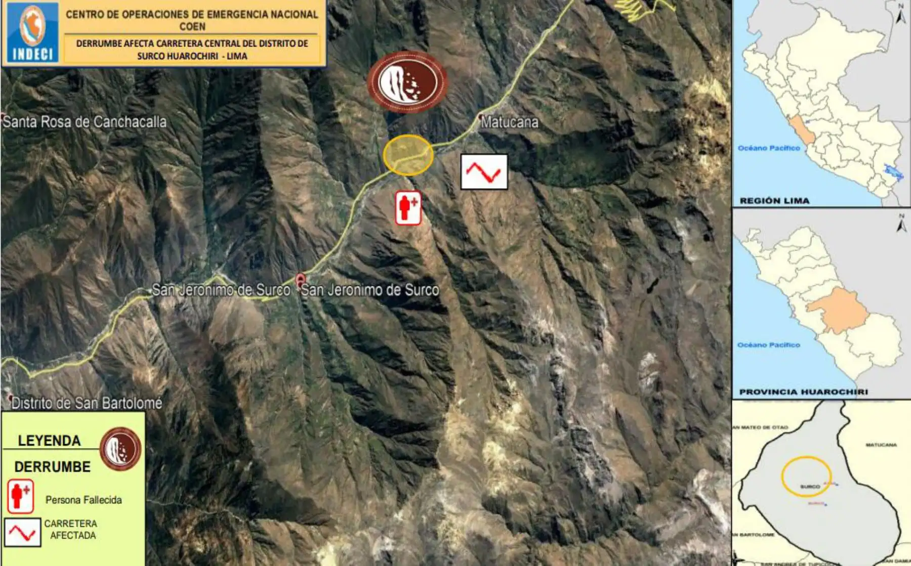 El derrumbe de rocas y tierra ocasionadas por intensas lluvias provocaron la muerte de una mujer que viajaba en un vehículo a la altura del kilómetro 87 de la carretera Central, en el distrito de Surco, provincia de Huarochirí, informó el Instituto Nacional de Defensa Civil (Indeci).