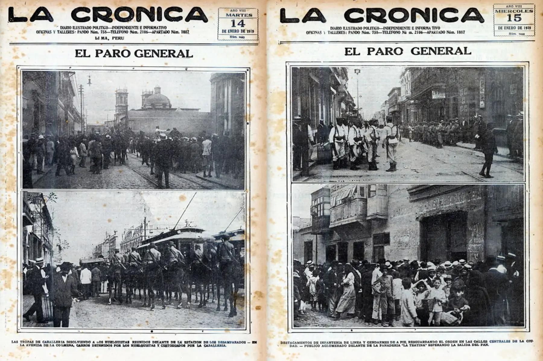 Portadas del diario La Crónica de los días 14 y 15 de enero de 1919 que dan cuenta del paro general acatado por diversos gremios de trabajadores en demanda de la jornada de 8 horas laborales. Foto: ANDINA/archivo