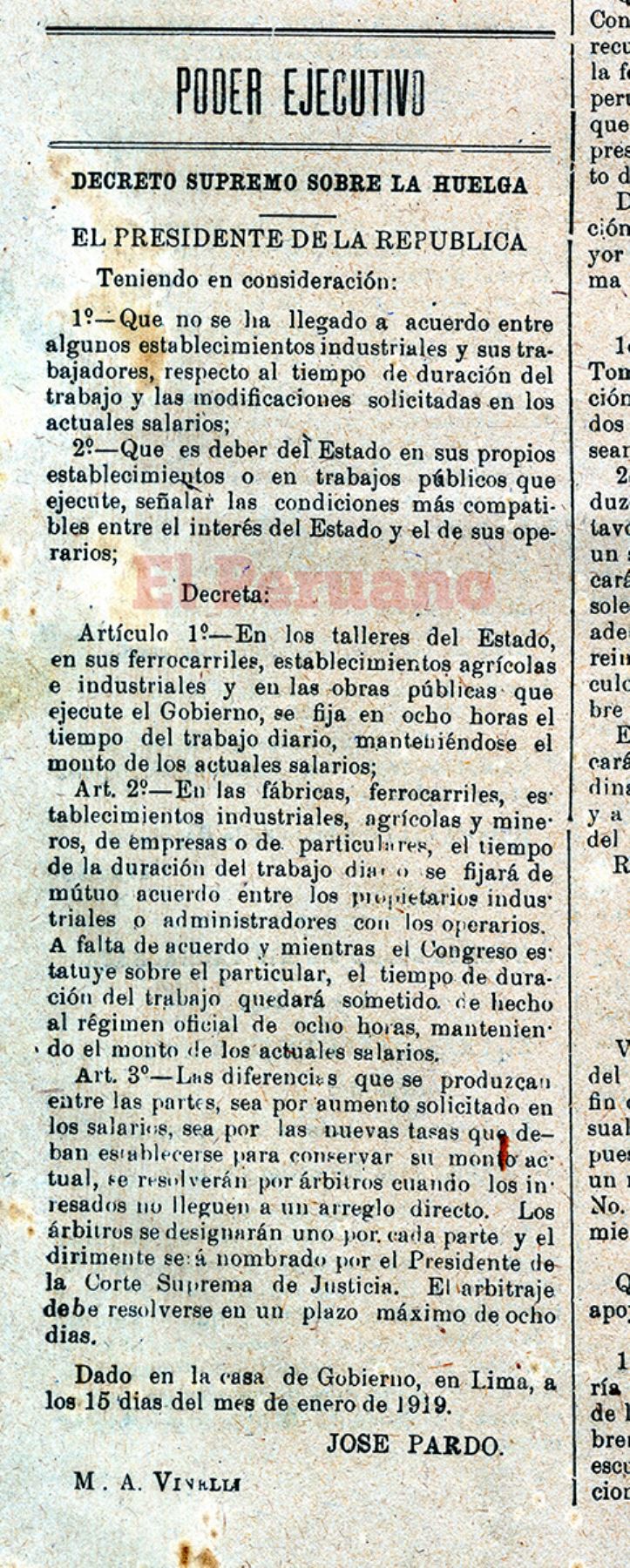 Histórico decreto publicado en El Peruano el 16 de enero de 1919  firmado por el presidente José Pardo que dispone la jornada laboral de ocho horas diarias. Foto: ANDINA/archivo