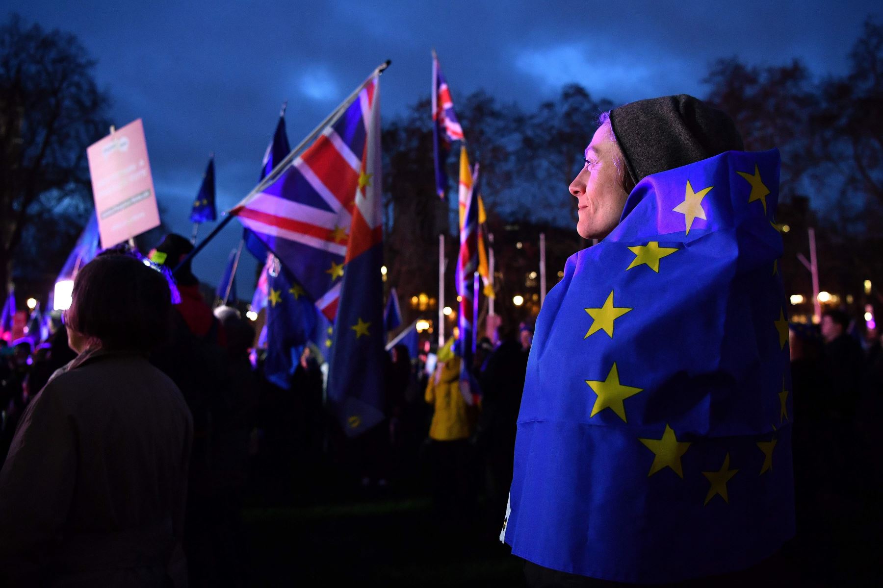 Un activista contra el "brexit" envuelto en una bandera de la UE se alza con otros participantes mientras se manifiestan fuera del Parlamento, en el centro de Londres, el 15 de enero del 2019. Foto: AFP.