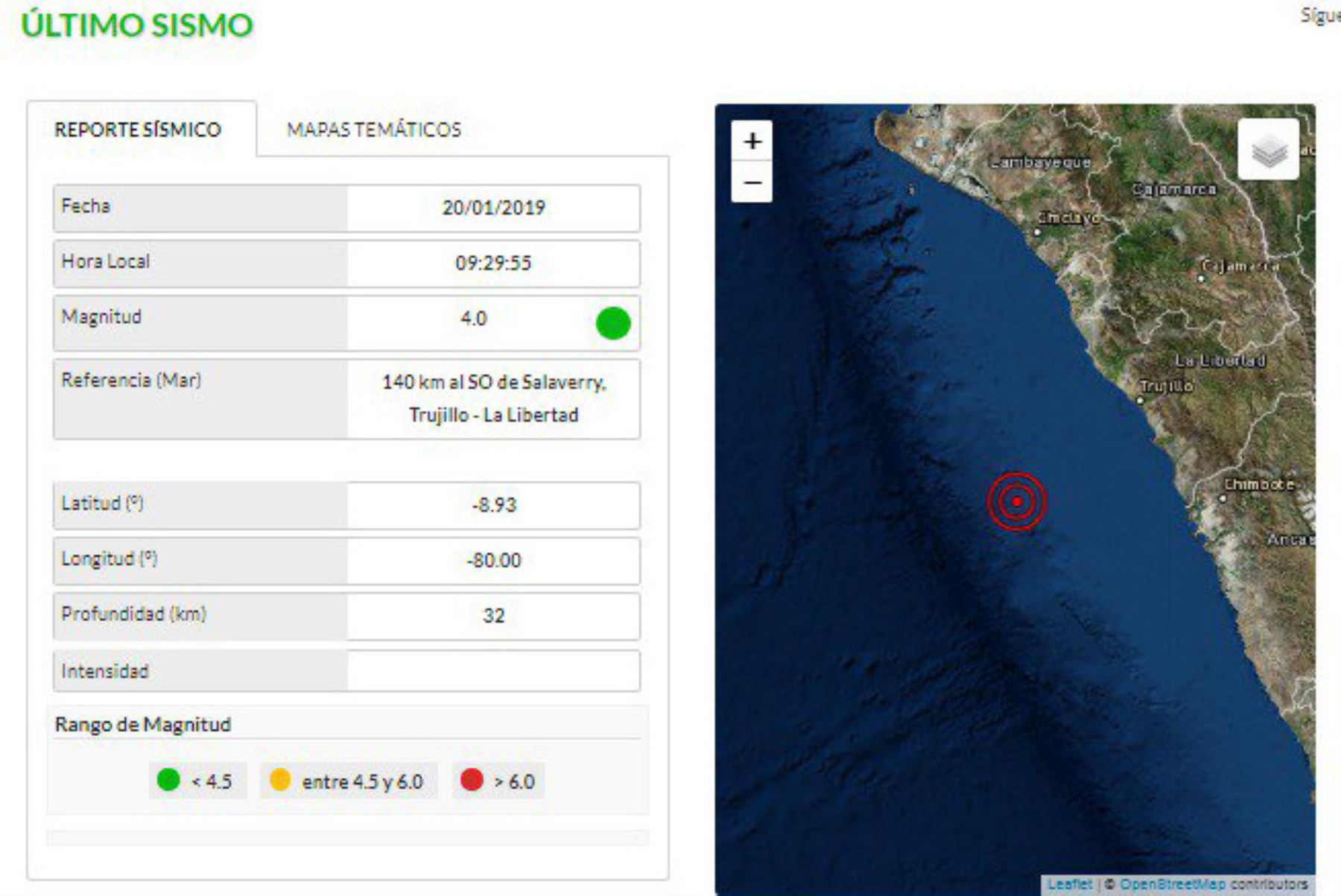 Un movimiento sísmico de magnitud 4 se registró esta mañana en la provincia de Trujillo, región La Libertad.