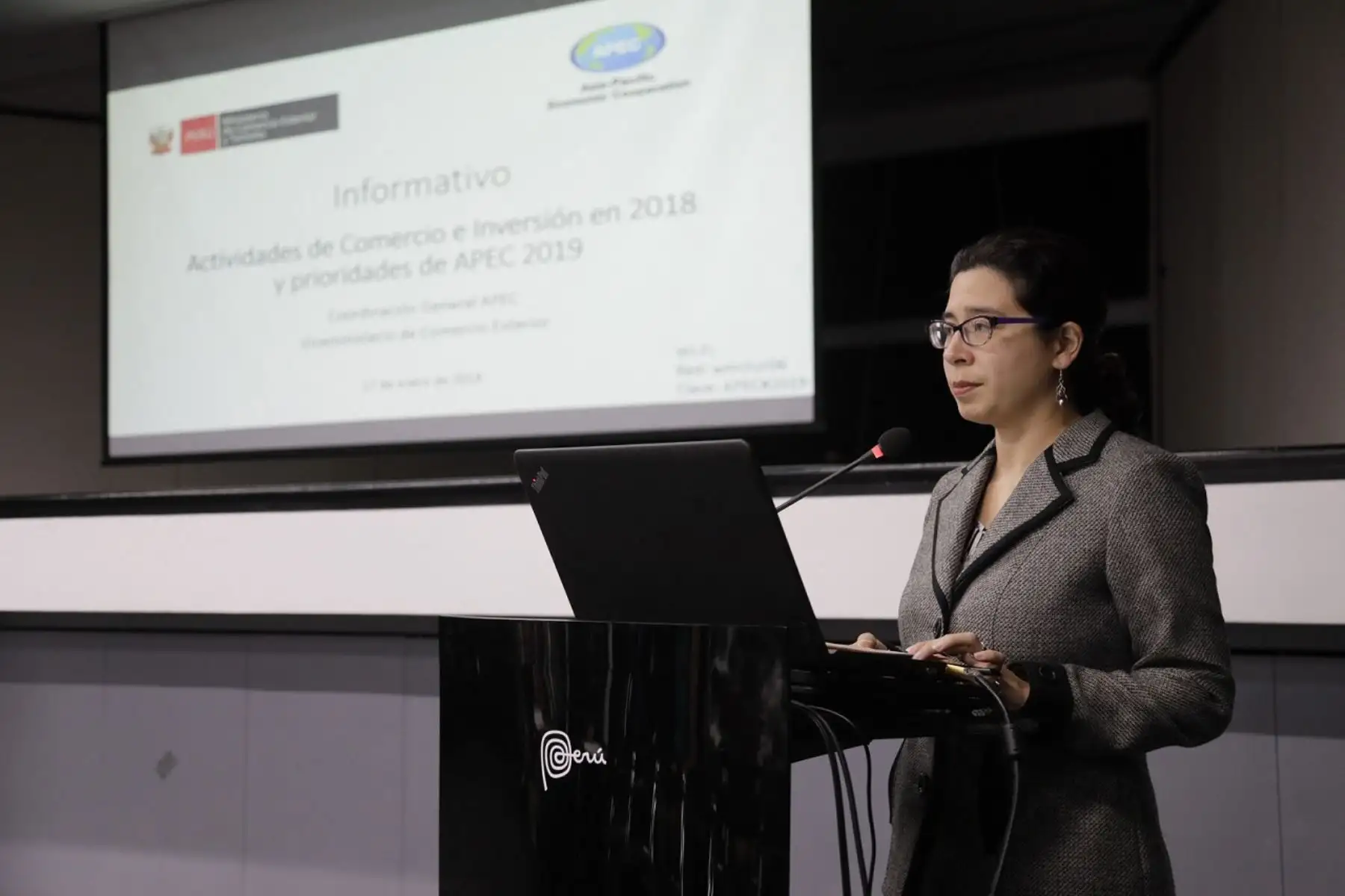 La viceministra de Comercio Exterior, Sayuri Bayona, en plena presentación. ANDINA/Difusión