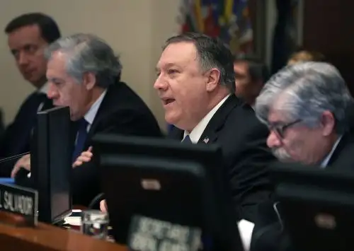 El Secretario de Estado de los EE. UU., Mike Pompeo habla durante una reunión del Consejo Permanente de la Organización de los Estados Americanos (OEA) Foto: AFP