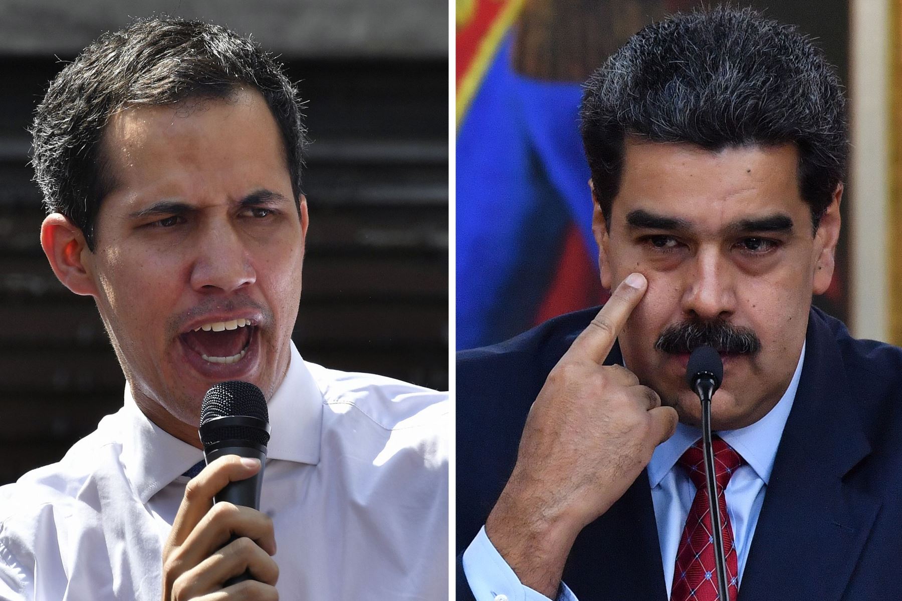 Combinación de imágenes que muestra al jefe de la Asamblea Nacional de Venezuela, Juan Guaidó, y al presidente de Venezuela, Nicolás Maduro. Foto: AFP.