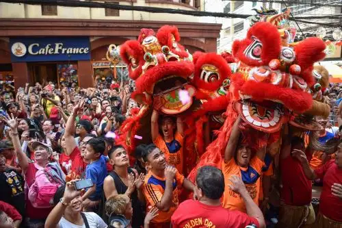Una compañía de danza del león se presenta entre los visitantes que compiten por regalos gratis durante las celebraciones por el Año Nuevo Lunar del Cerdo en el distrito de Chinatown de Manila Foto: AFP