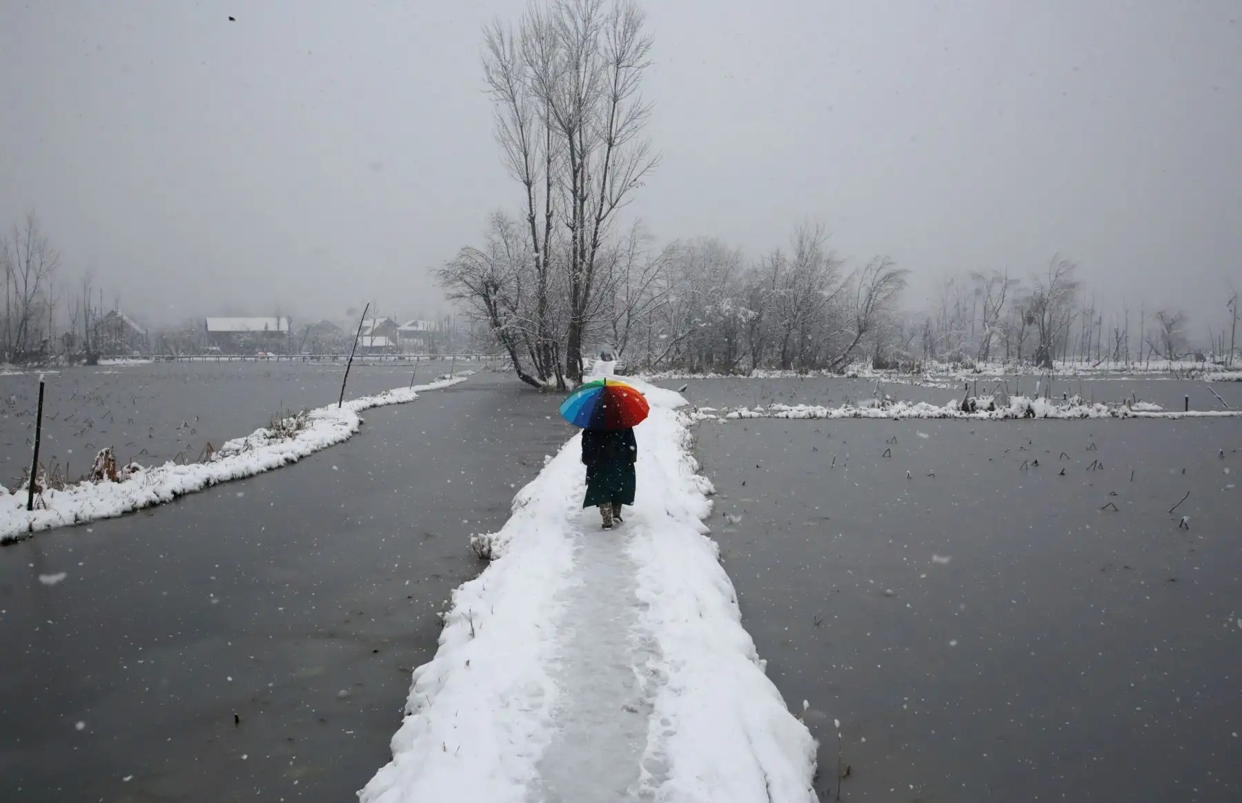 Una niña cachemir anda sobre un camino cubierto por la nieve  en Srinagar, la capital estival de Cachemira en la India. La autopista Srinagar-Jammu que conecta Cachemira con el exterior permanece cerrada al tráfico por segundo dÌa consecutivo debido a las nevadas y los deslizamientos de tierra mientras que el tráfico aéreo continua suspendido debido a la poca visibilidad en el aeropuerto de Srinagar. EFE