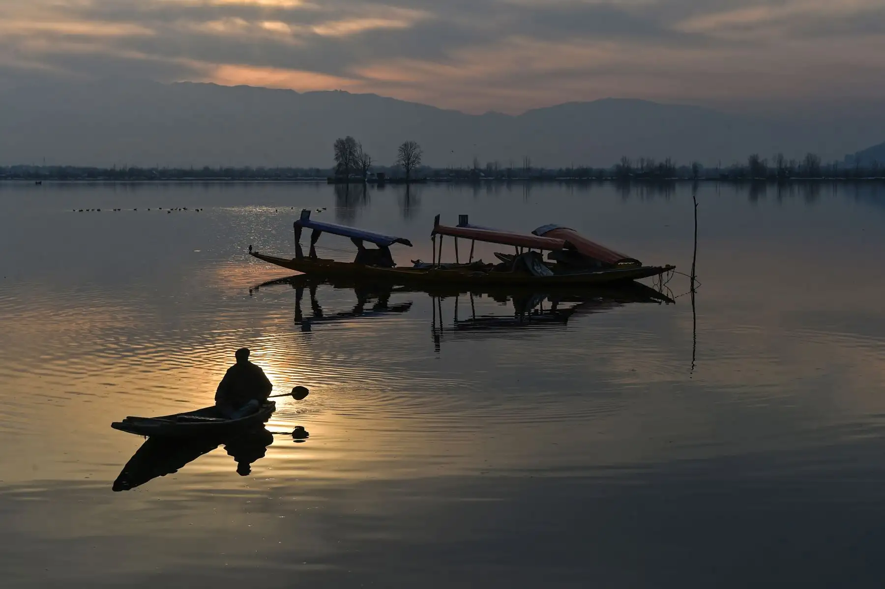Un cachemira remaba en su bote en el lago Dal al atardecer después de una fuerte nevada en Srinagar. Debido a las fuertes nevadas recientes, se cortaron las carreteras en Cachemira que conectan con el resto de la India y la carretera nacional Jammu-Srinagar. AFP