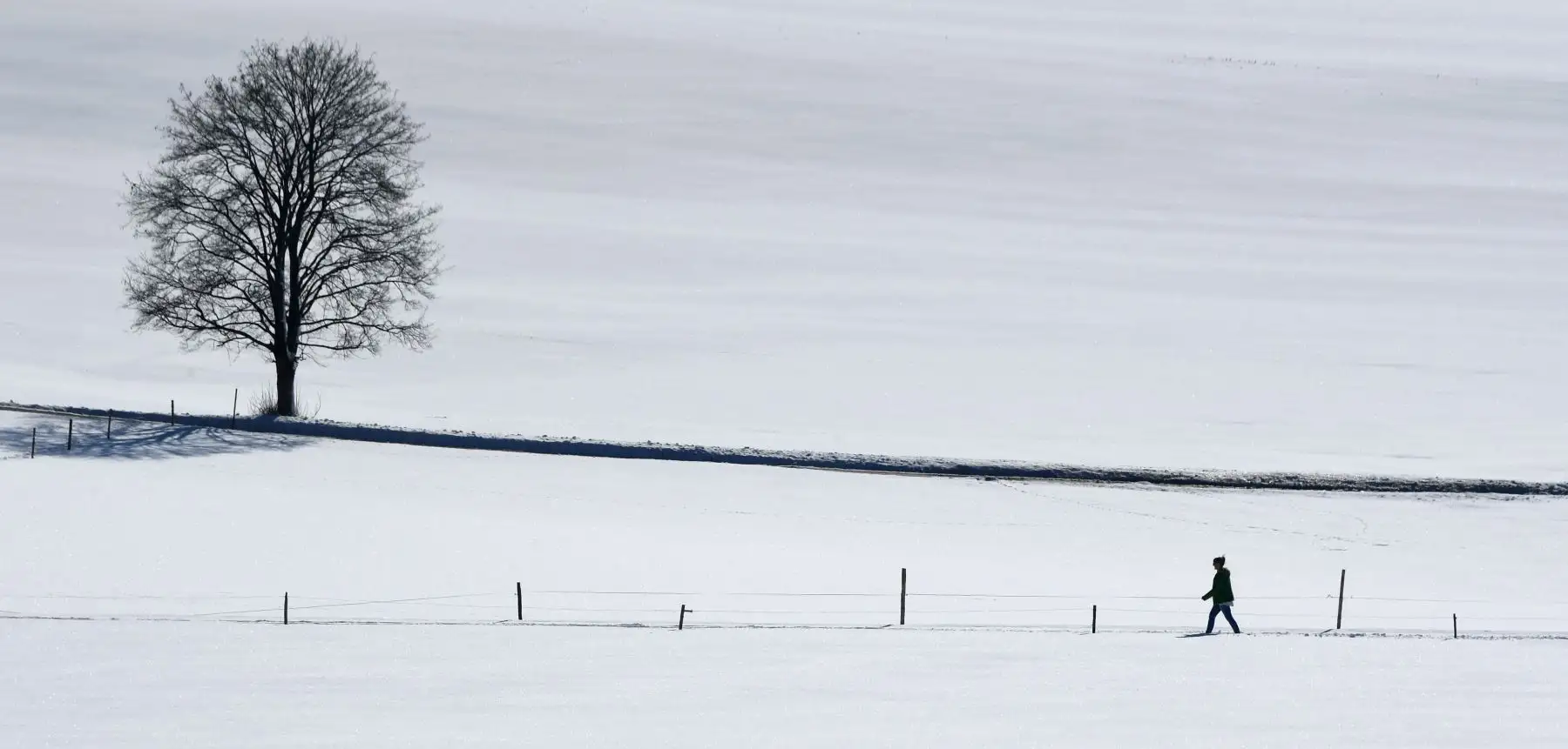 Un caminante camina en un paisaje nevado frente a las montañas de los Alpes en un agradable día de invierno  cerca de la pequeña aldea bávara de Degerndorf, en el sur de Alemania. AFP