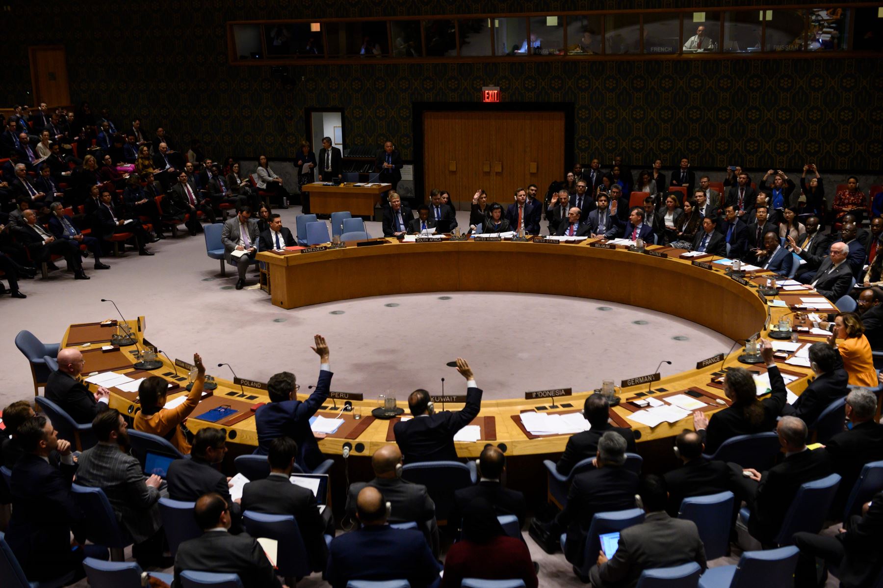 Miembros del Consejo de Seguridad de las Naciones Unidas celebran una reunión para votar a favor de las resoluciones sobre el control de los disturbios en Venezuela el 28 de febrero de 2019. Foto: AFP