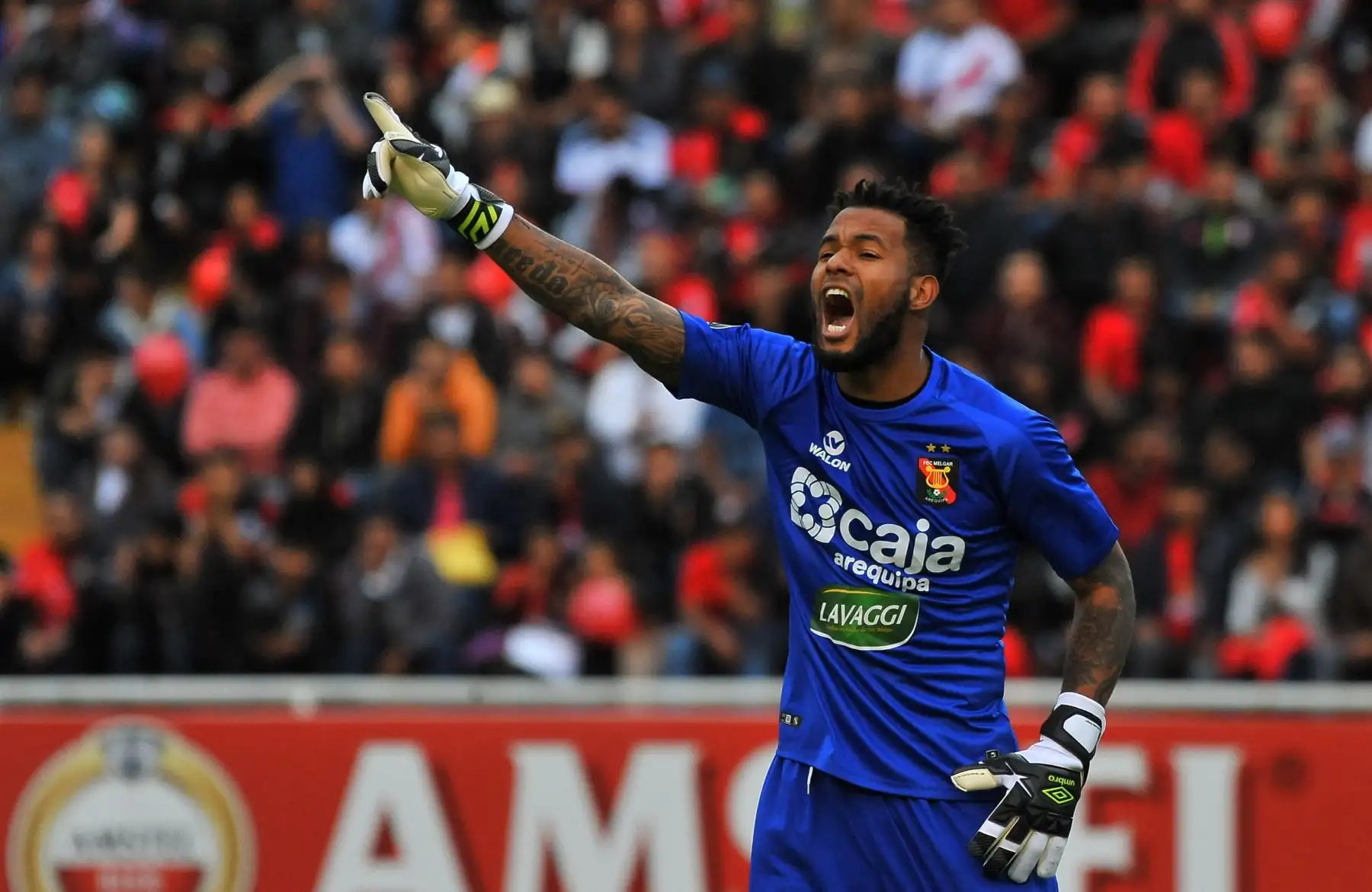 El portero Carlos Caceda de Melgar, de Perú, grita durante su partido de fútbol de la Copa Libertadores contra San Lorenzo de Argentina en el estadio UNSA en la ciudad andina de Arequipa, Perú, el 5 de marzo de 2019. Foto: AFP