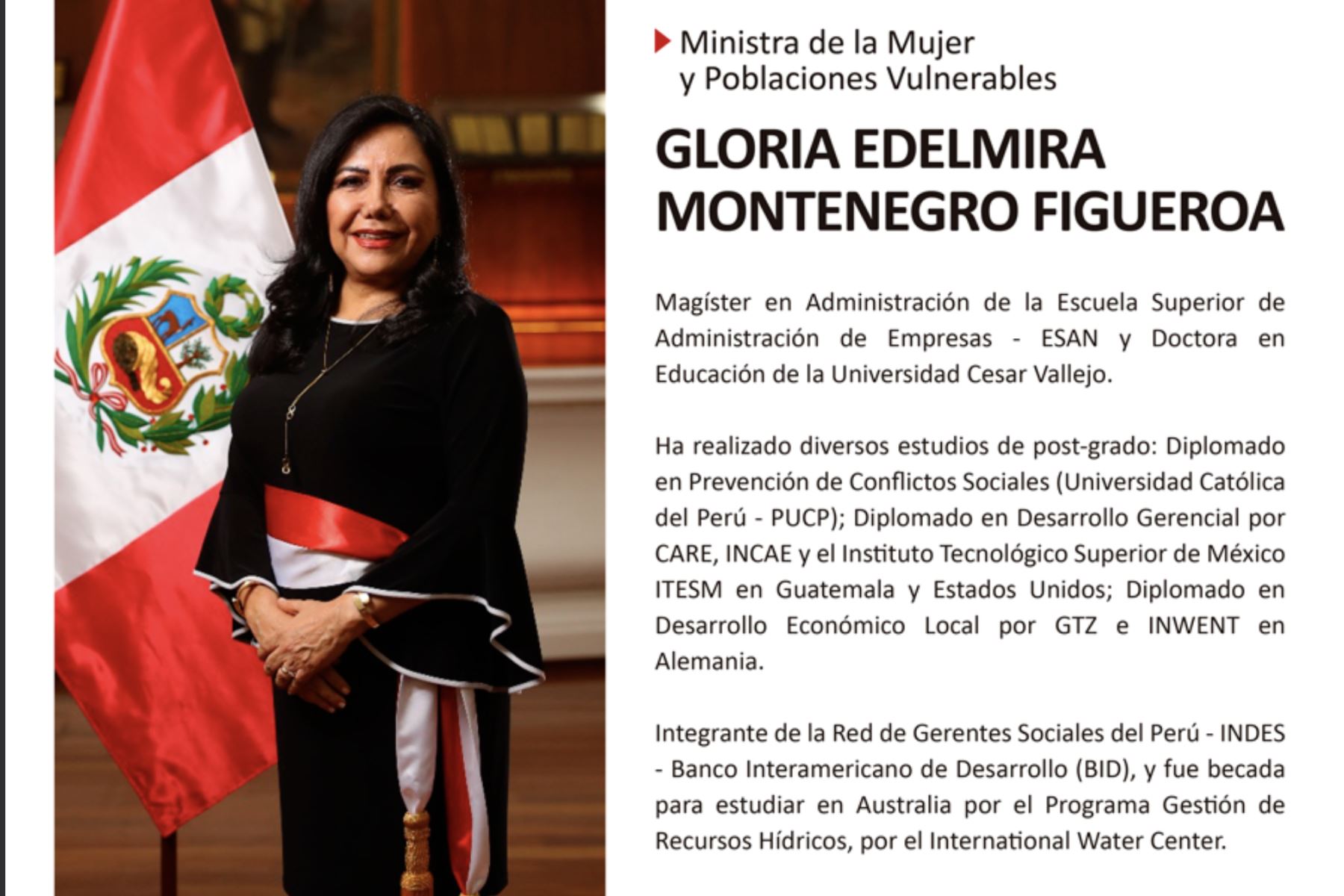 Gloria Montenegro, nueva ministra de la Mujer y Poblaciones Vulnerables