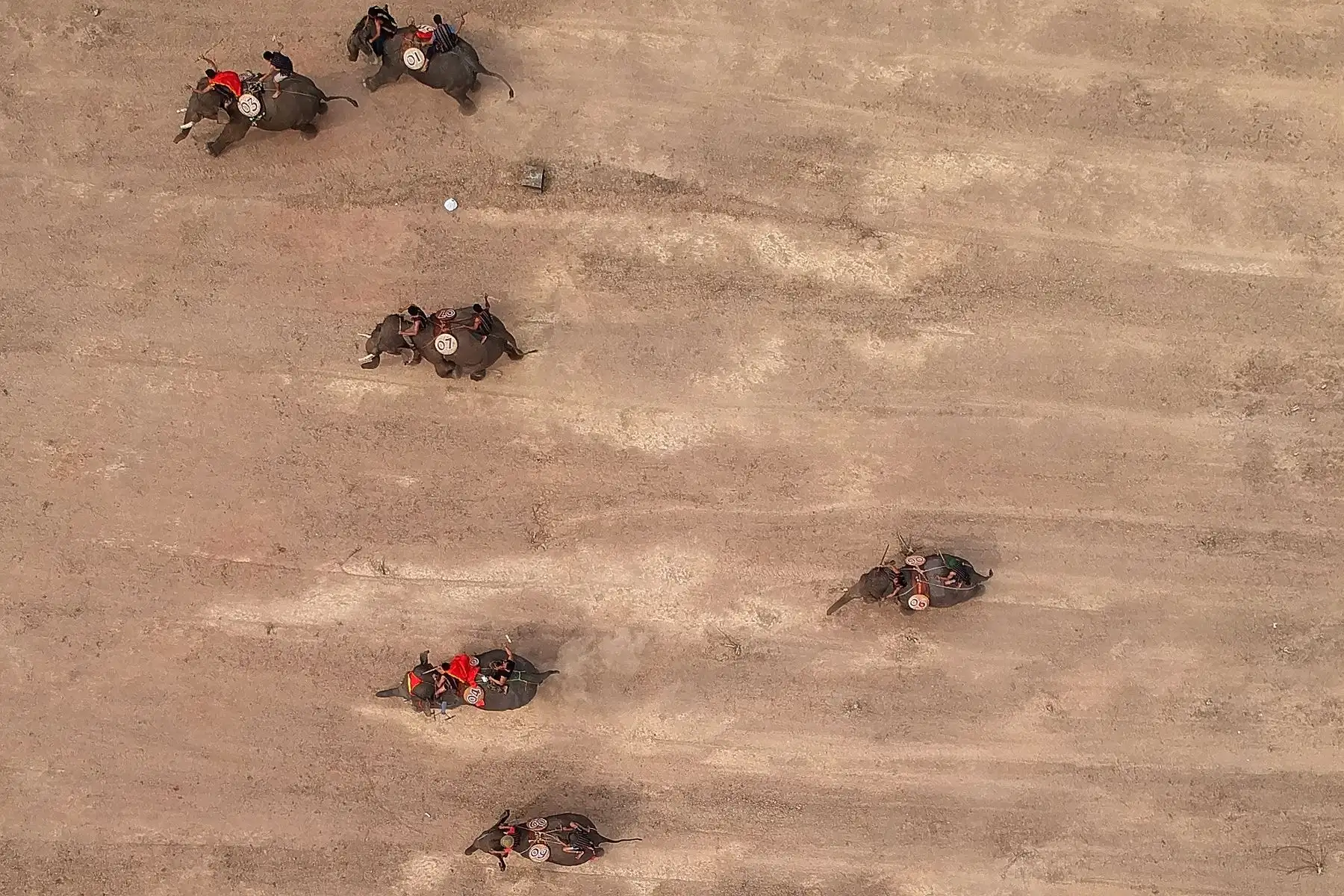 Fotografía aérea muestra a los mahouts que compiten con sus elefantes en Vietnam. Foto: AFP