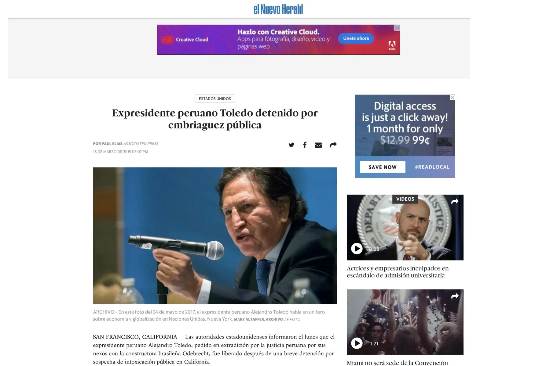 Así informan los medios internacionales sobre la detención de Alejandro Toledo por estar en estado de ebriedad, en los EE.UU.
Foto: ANDINA/Internet