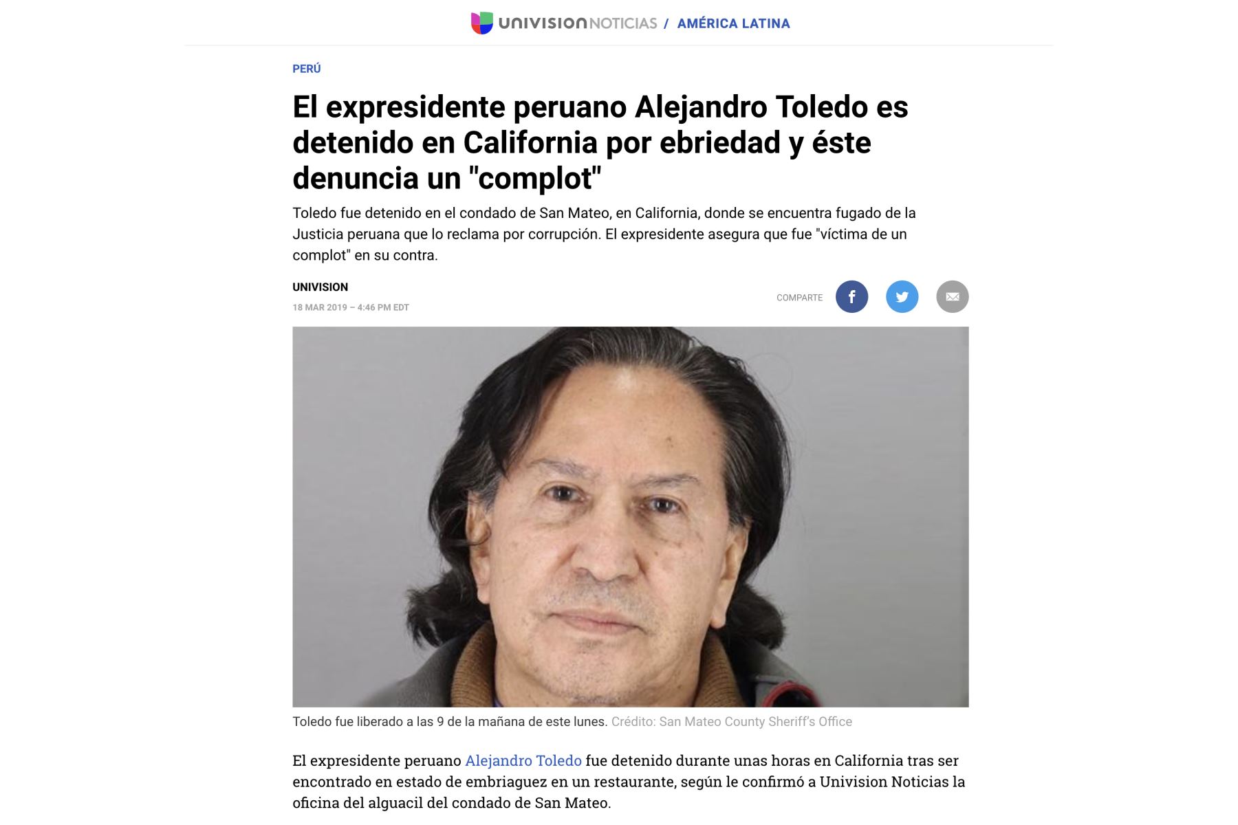 Así informan los medios internacionales sobre la detención de Alejandro Toledo por estar en estado de ebriedad, en los EE.UU.
Foto: ANDINA/Internet