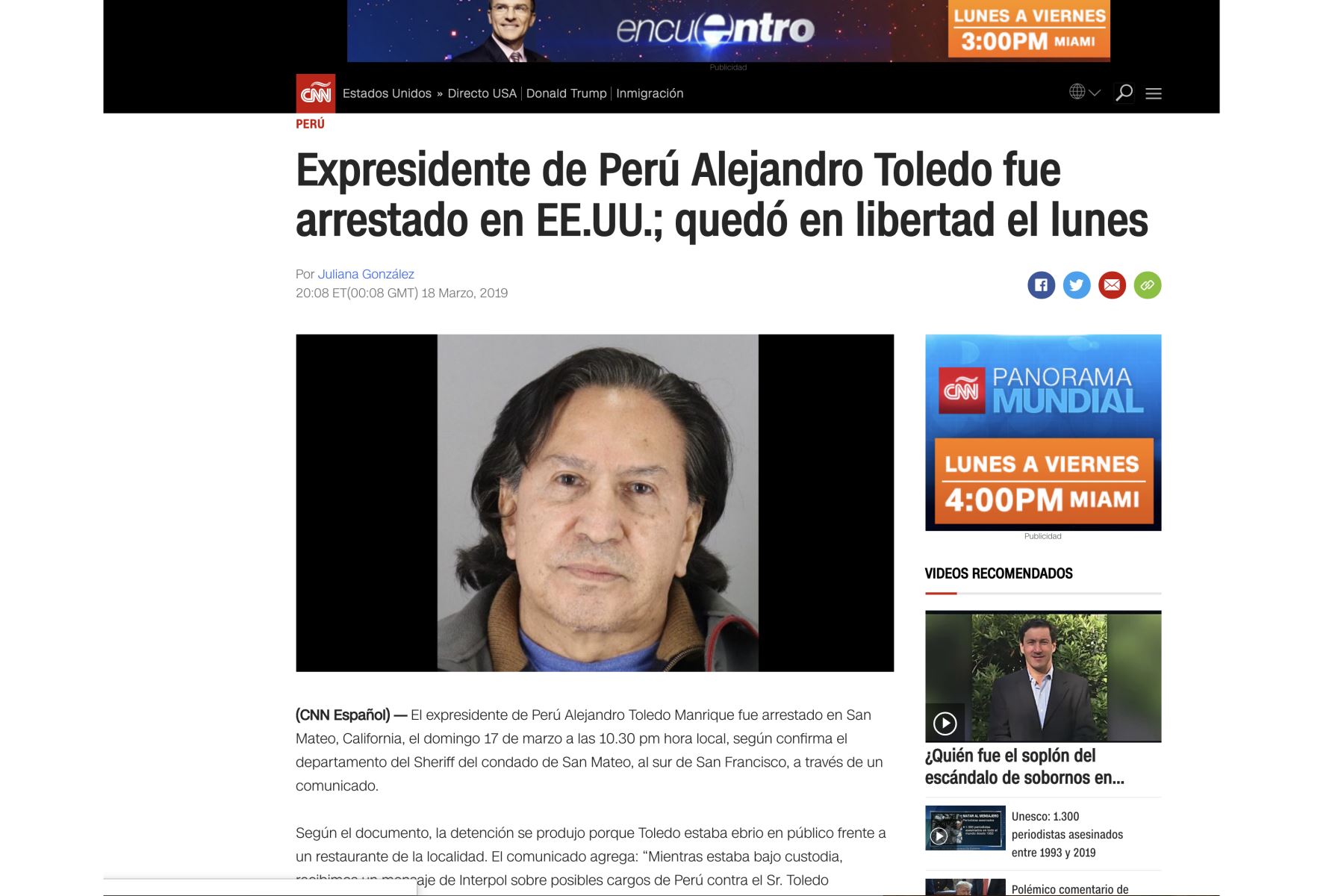 Así informan los medios internacionales sobre la detención de Alejandro Toledo por estar en estado de ebriedad, en los EE.UU.
Foto: ANDINA/Internet