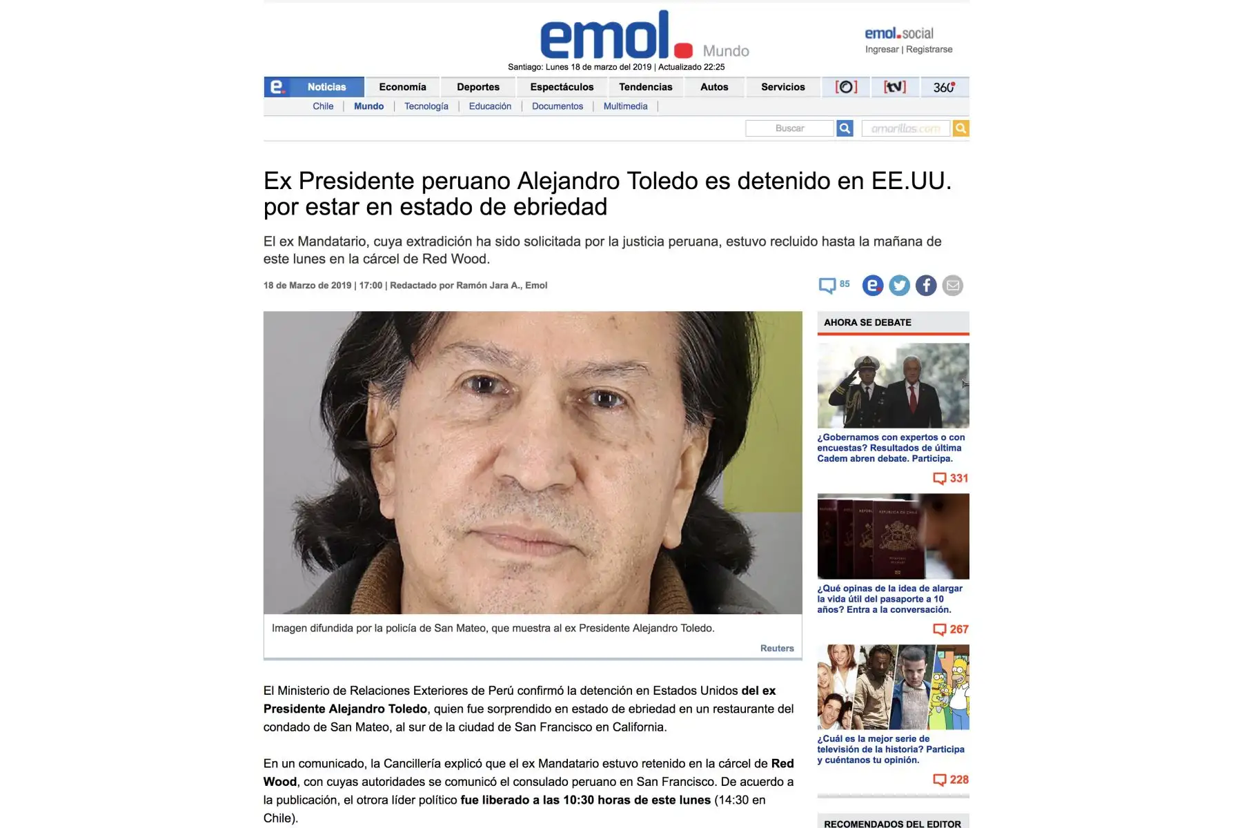 Así informan los medios internacionales sobre la detención de Alejandro Toledo por estar en estado de ebriedad, en los EE.UU.
Foto: ANDINA/Internet