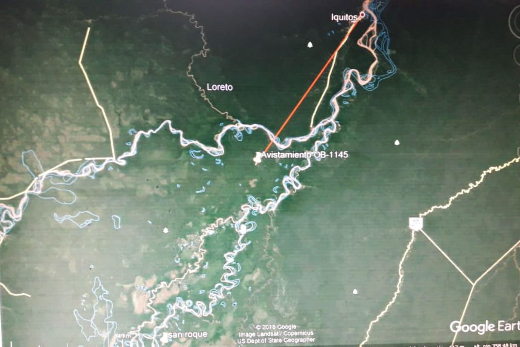 El mapa emitido por el SAR de la FAP permitió localizar la aeronave desaparecida en la región Loreto.Foto:ANDINA/FAP