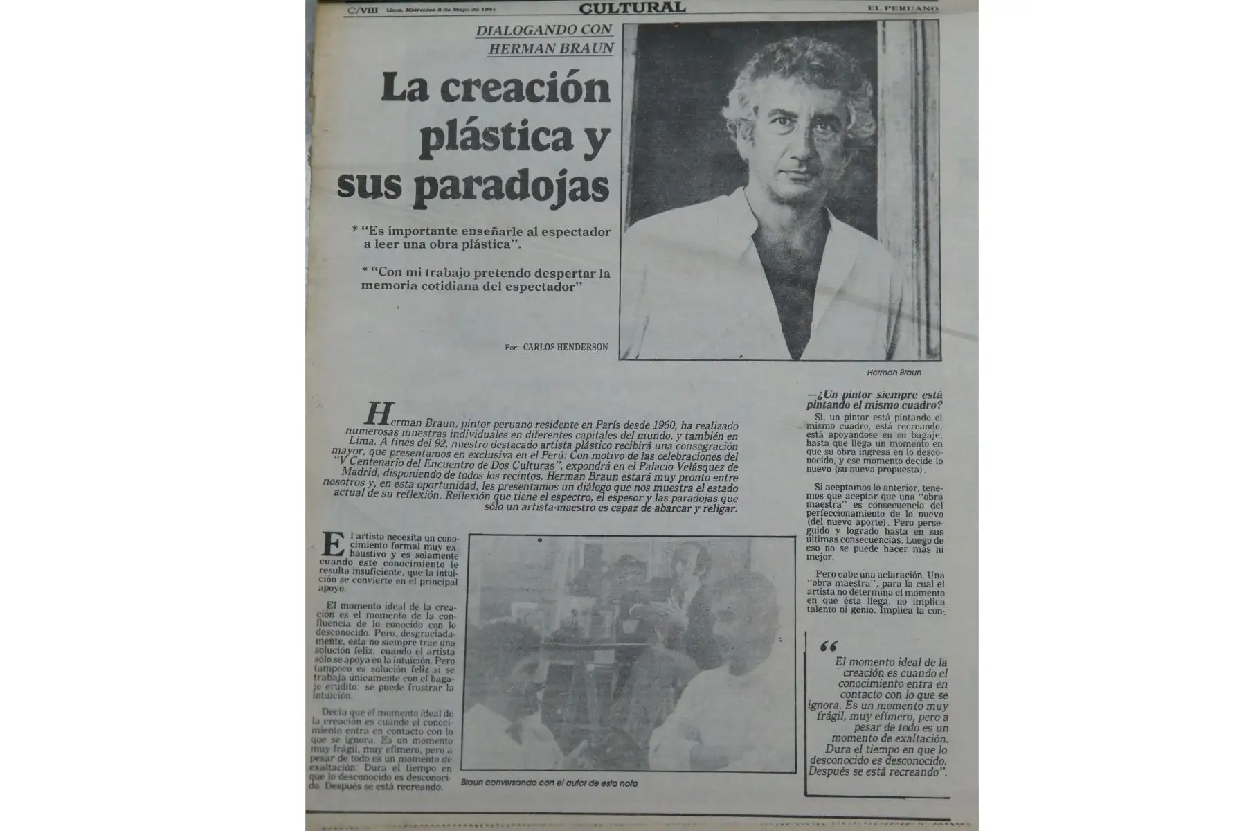 Nota periodística sobre Herman Braun , publicada el miércoles 8 de mayo de 1991 en el diario El Peruano. Foto: ANDINA/ Archivo