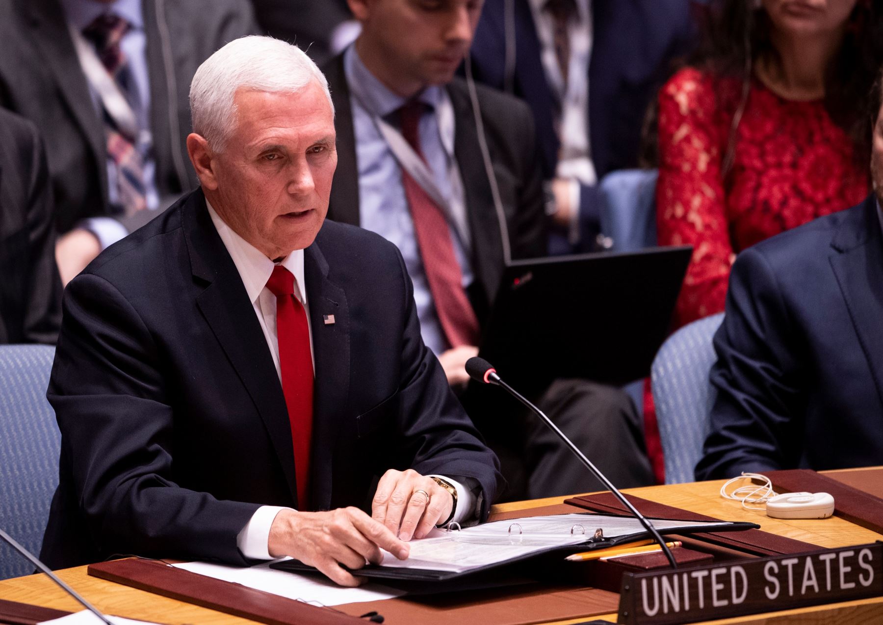 Mike Pence, habla durante una reunión del Consejo de Seguridad sobre la situación en Venezuela en las Naciones Unidas en Nueva York. Foto: AFP