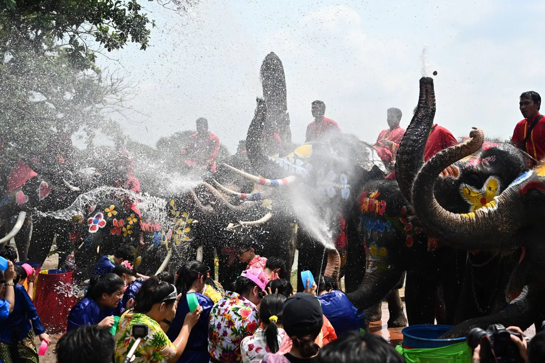 Elefantes y público se salpican agua unos a otros durante una ceremonia para celebrar el Año Nuevo Budista en Thailandia. Foto: AFP