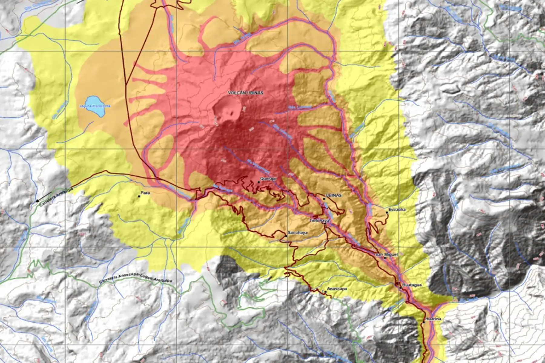 Imágenes satelitales identifican poblaciones en riesgo por el volcán Ubinas. ANDINA/Difusión