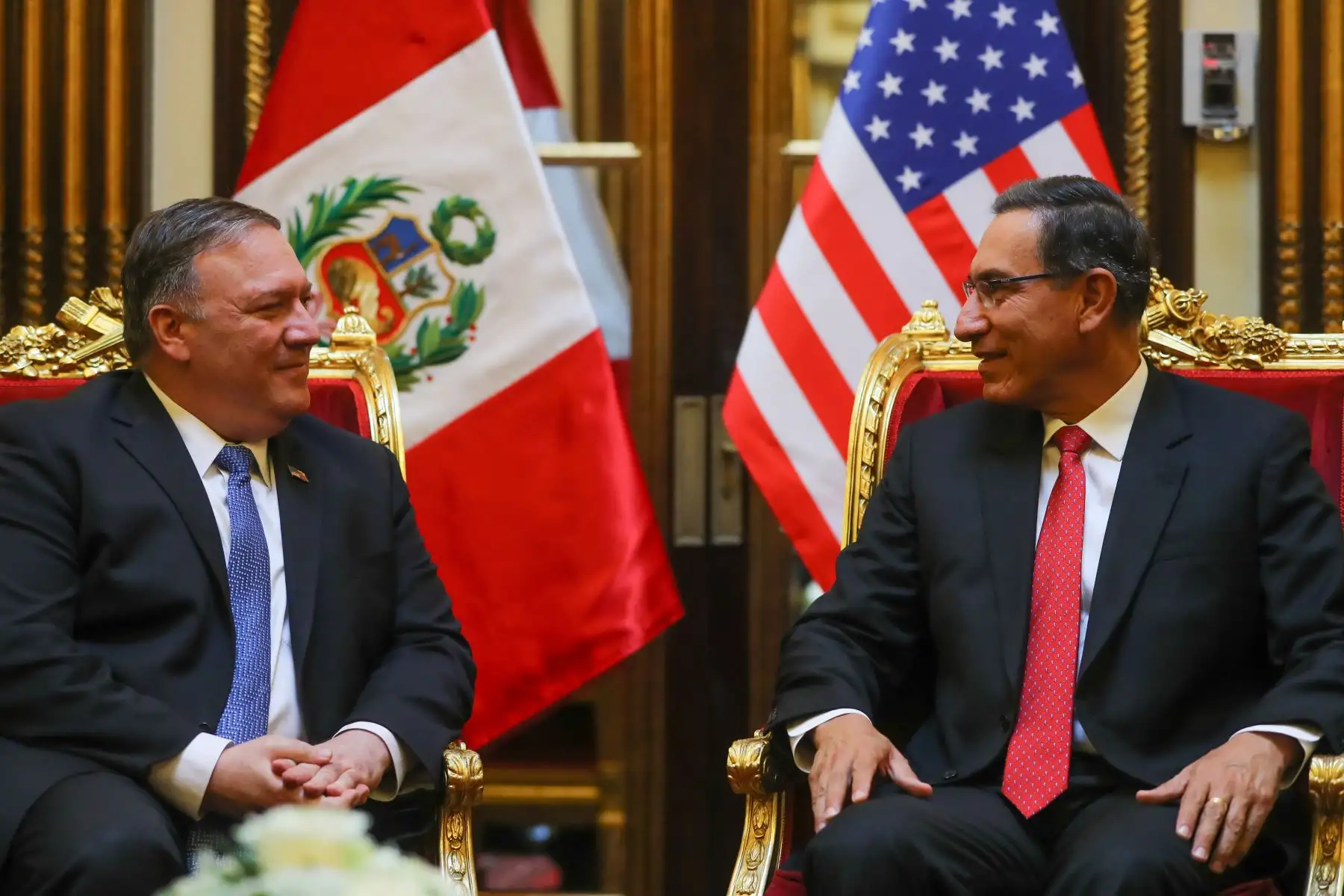 El presidente Martín Vizcarra sostuvo una reunión con el Secretario de Estado de los Estados Unidos de América, Mike Pompeo, donde abordaron temas sobre las relaciones económicas y comerciales, así como la cooperación en la lucha contra el narcotráfico .Foto: ANDINA/Prensa Presidencia