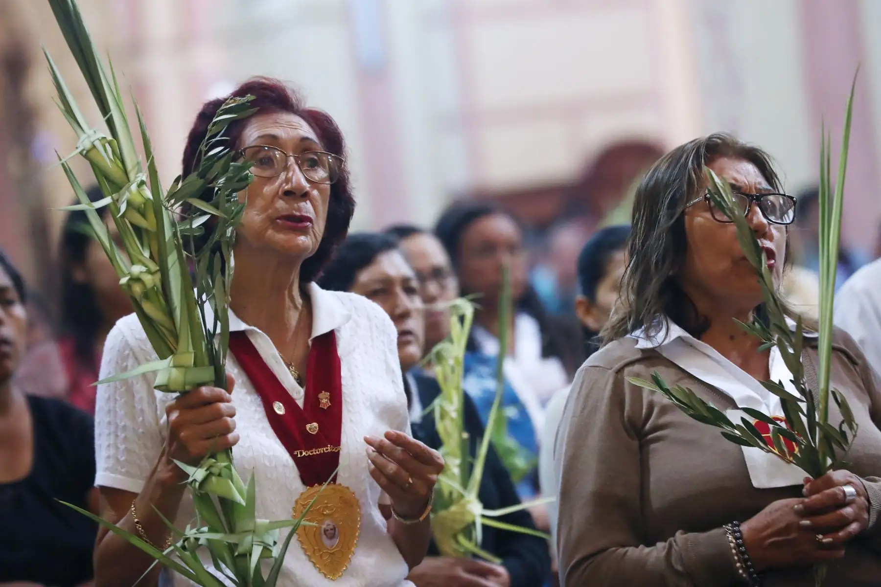 Los devotos cristianos participan en la celebración del Domingo de Ramos en la iglesia La Merced. ,Foto: ANDINA/Norman Córdova