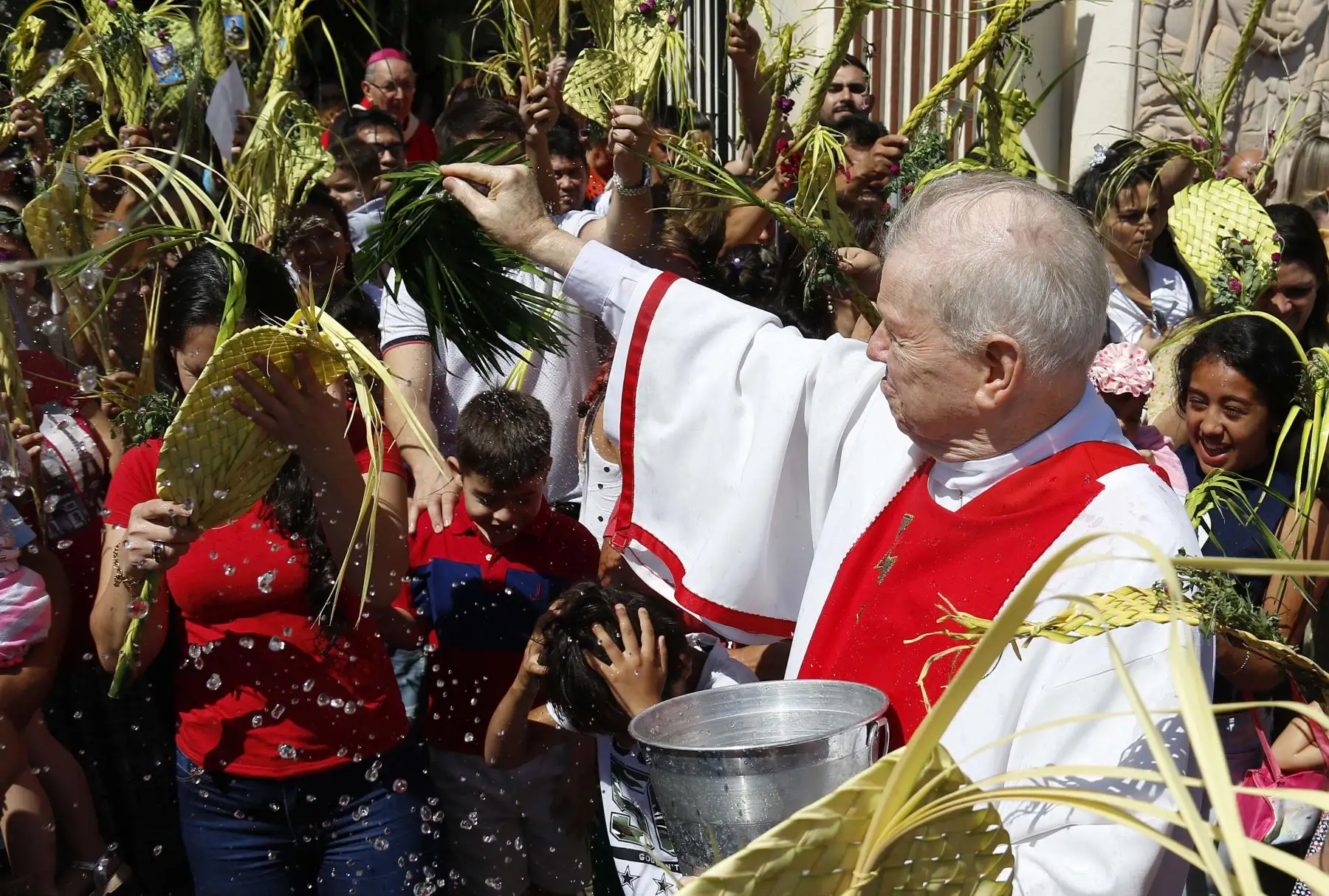 Un sacerdote bendice las palmas durante la celebración del Domingo de Ramos een la Catedral Metropolitana en Asunción (Paraguay). Foto:EFE