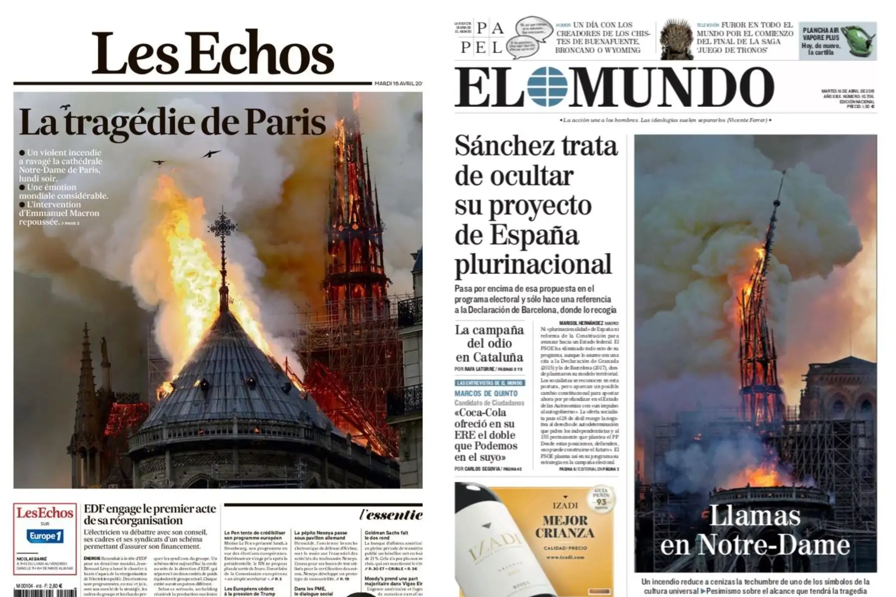 Así reflejaron los diarios del mundo el incendio en la catedral de Notre Dame. Así reflejaron los diarios del mundo el incendio en la catedral de Notre Dame.