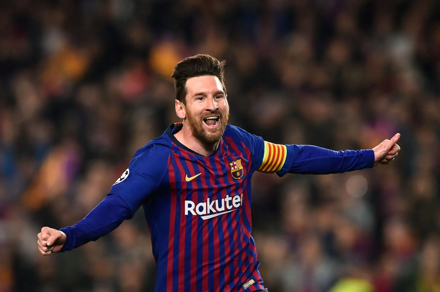 El delantero argentino de Barcelona, Lionel Messi, celebra después de anotar durante el partido de fútbol de la segunda etapa de la UEFA Champions League entre Barcelona y Manchester United.Foto:AFP