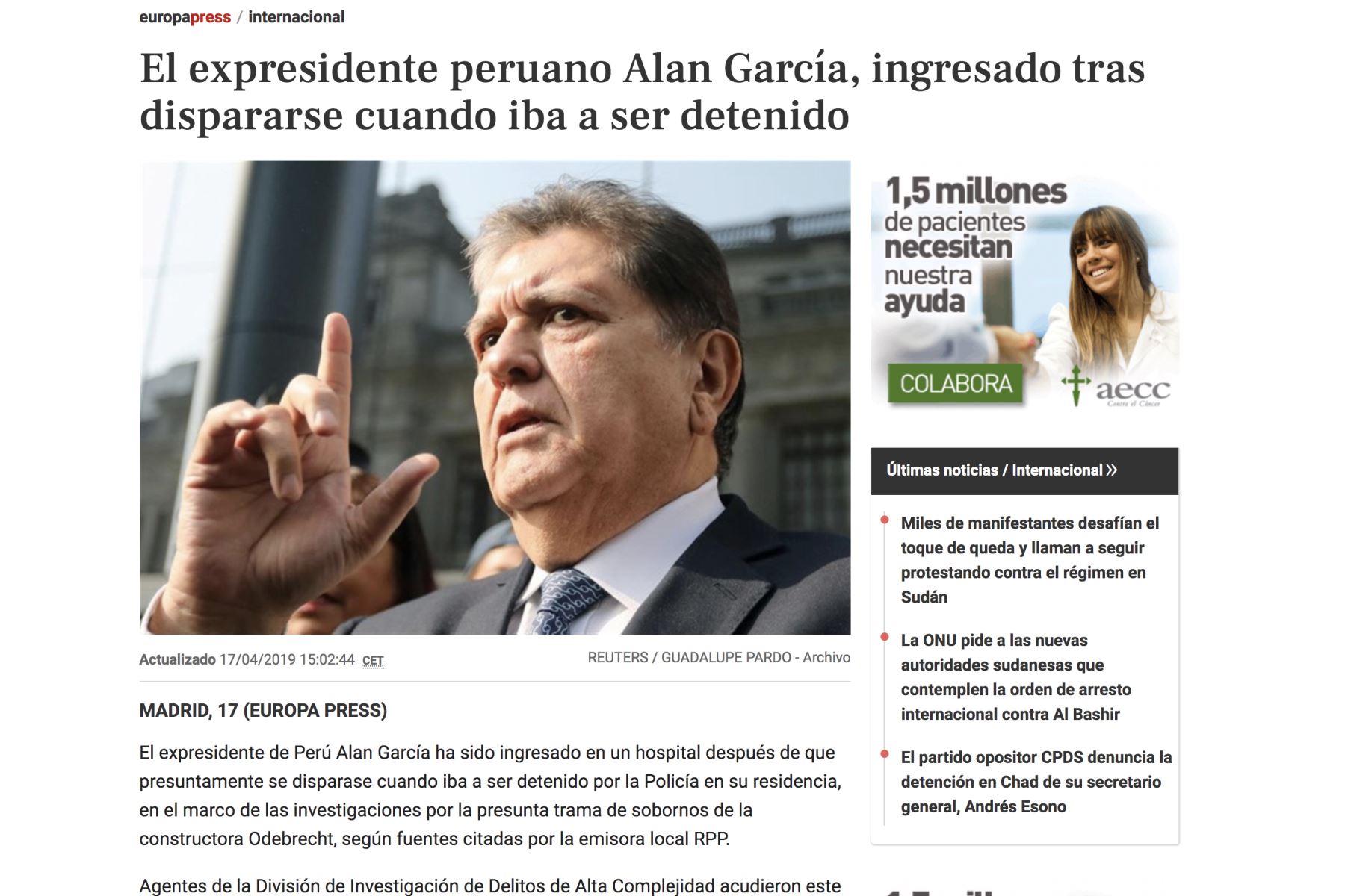 Así informa la prensa internacional sobre el disparo que se autoinflingió Alan García