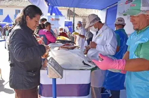 Cientos de familias cusqueñas se beneficiaron hoy con más de 10 toneladas de pescado fresco y barato, de mar y río, que se vendió en tiempo récord en la plaza mayor del distrito cusqueño de San Sebastián, por Semana Santa, organizado por el Ministerio de La Producción, el Programa A Comer Pescado y la Municipalidad de San Sebastián.