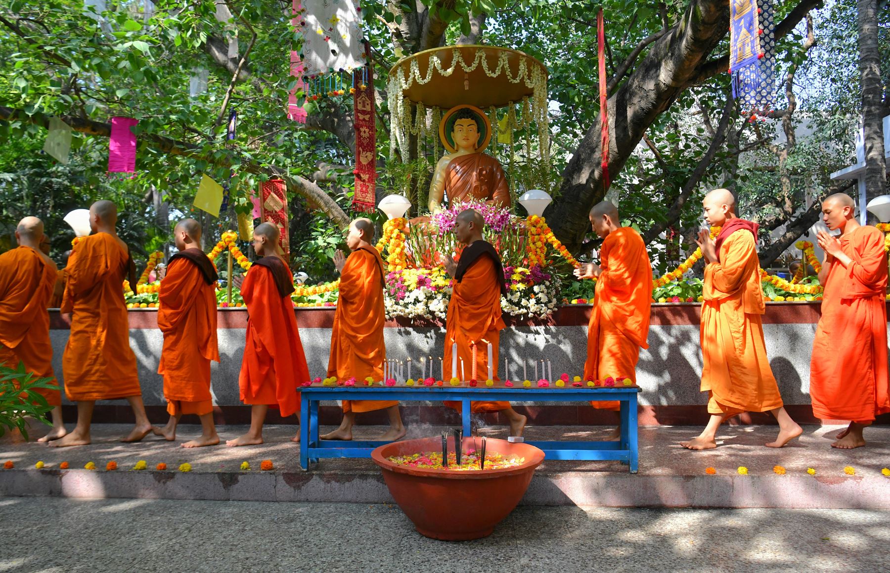 Los monjes budistas ofrecen oraciones mientras recorren un árbol sagrado de Bodhi durante "Vesak" o Buddha Purnima para conmemorar el aniversario de nacimiento número 2.563 del Buda, en la Sociedad Maha Bodhi en Bangalore.
Foto:AFP