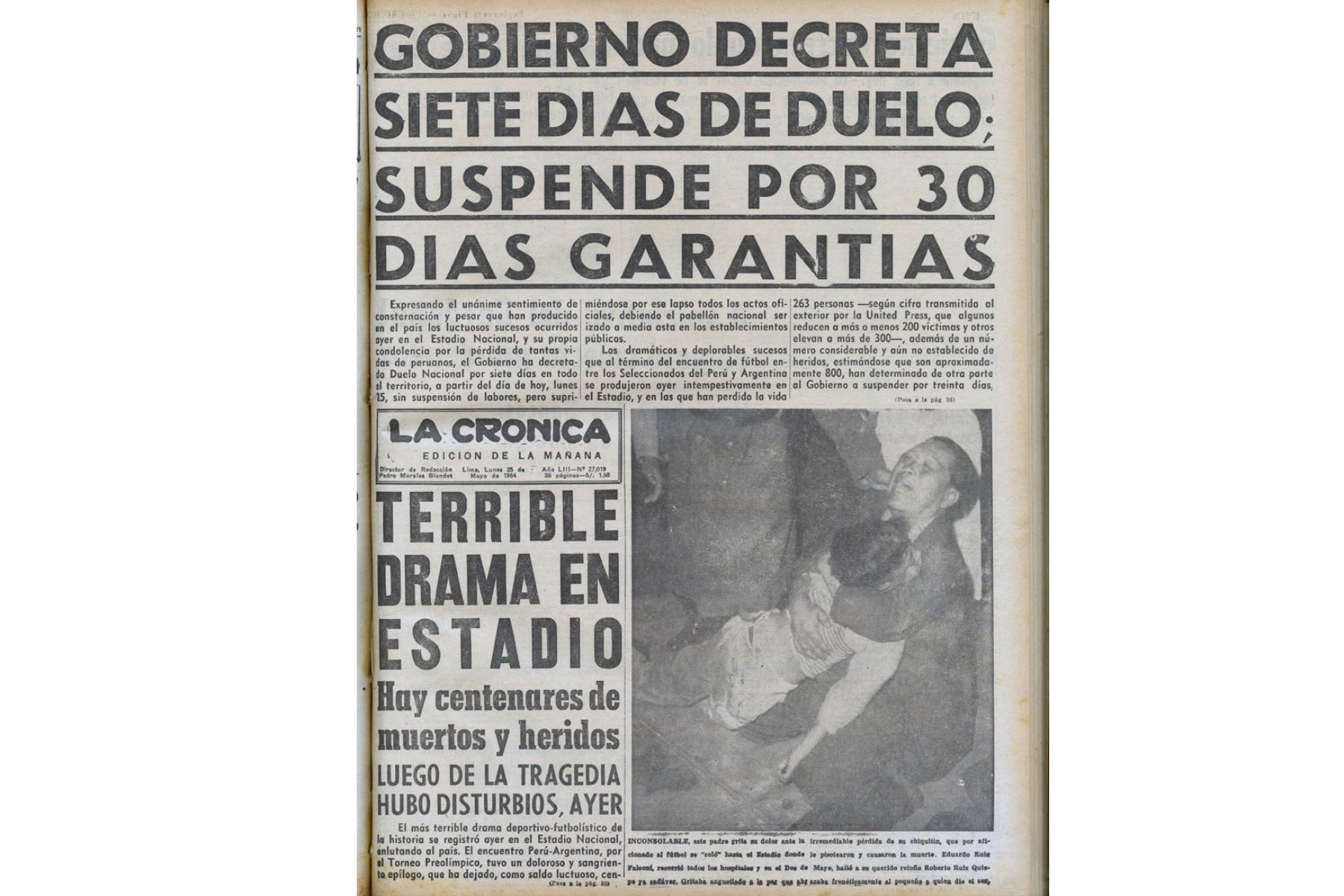 Diario La Crónica/ Tragedia estadio nacional / Portada del 25 de mayo/ Duelo.
Foto:Archivo Diario El Peruano