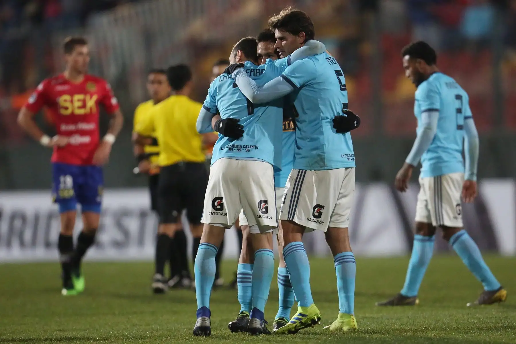 Jugadores de Sporting Cristal festejan tras vencer a Unión Española durante un partido de fútbol de la Copa Sudamericana 2019.
Foto:EFE