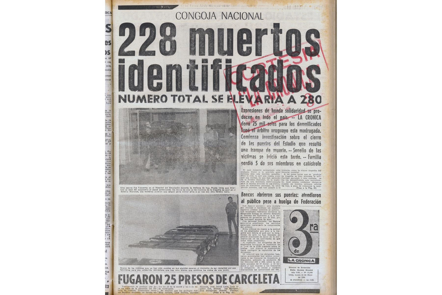 Portada de La Tercera edición del diario La Crónica del 26 de mayo de 1964 que informa sobre la tragedia del Estadio Nacional.