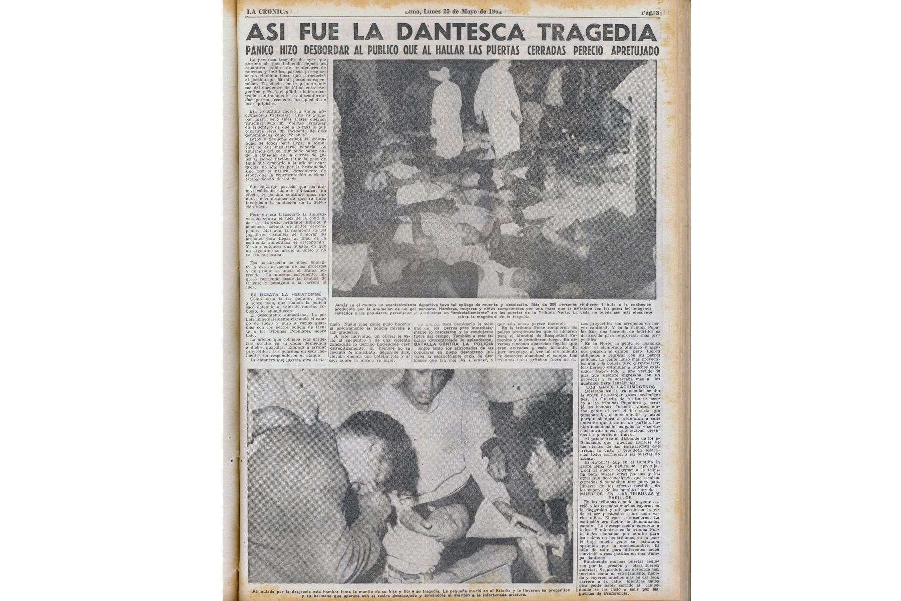 Página del diario La Crónica del 27 de mayo de 1964 que informa sobre la tragedia del Estadio Nacional.