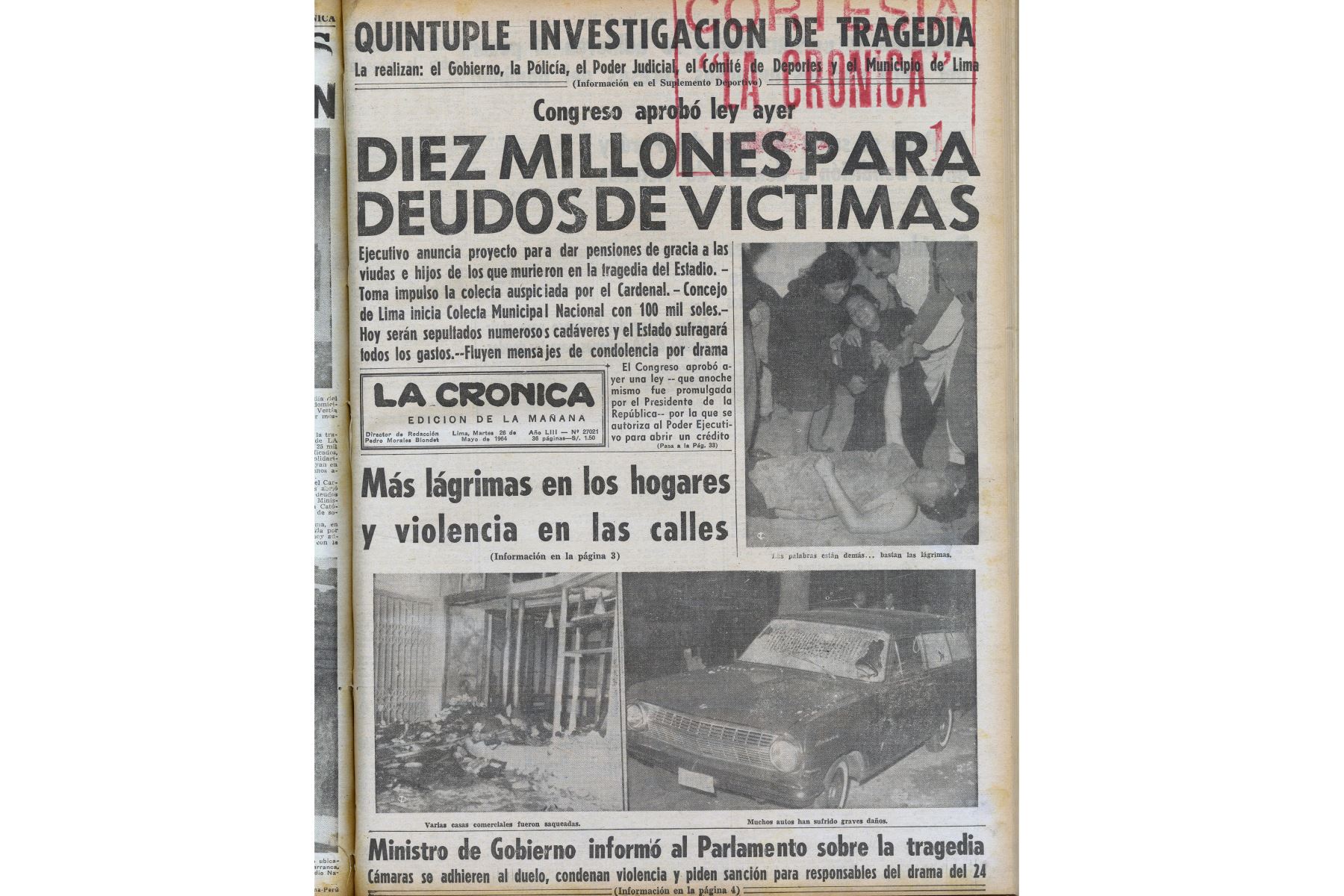 Portada del diario La Crónica del 26 de mayo de 1964 que informa sobre la tragedia del Estadio Nacional.